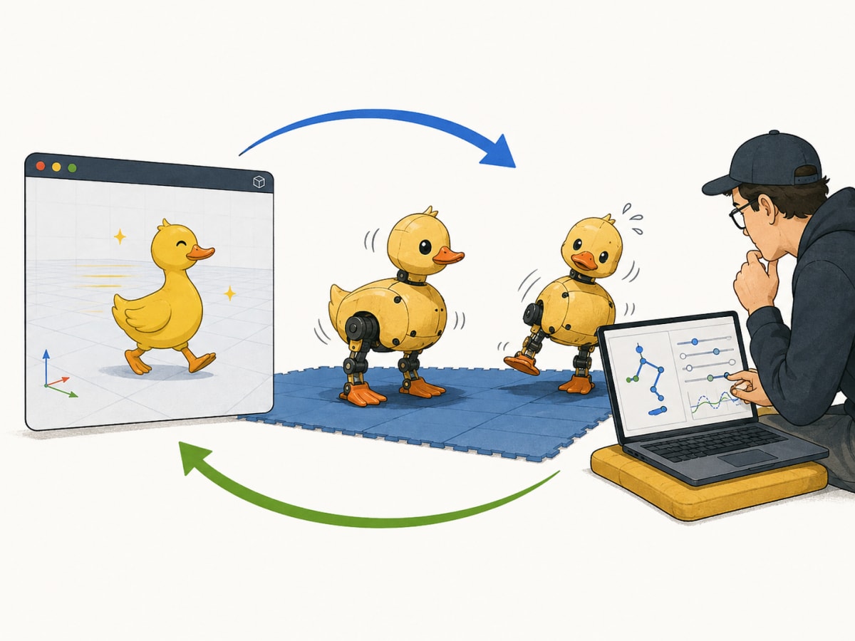 A simulated duck robot is deployed to physical hardware, wobbles, and returns to simulation for refinement.