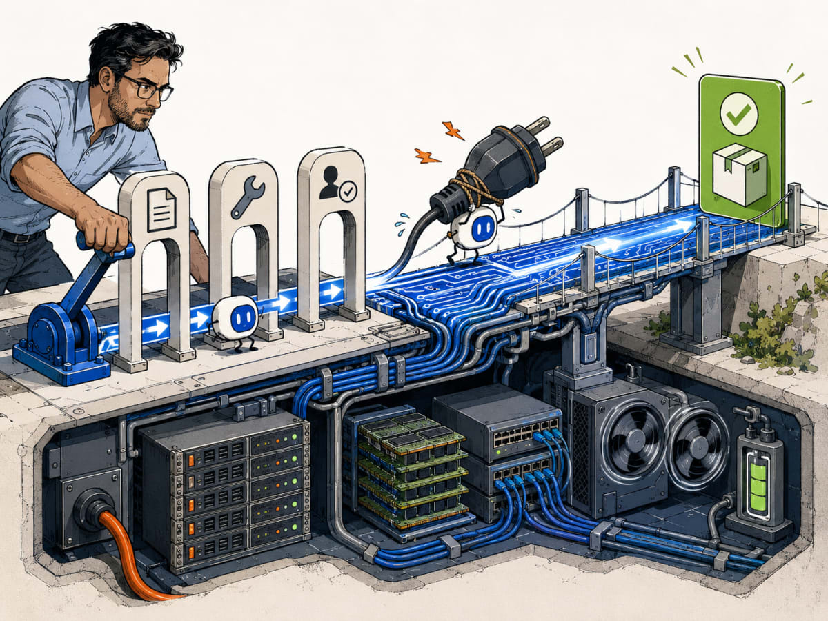 An enterprise AI workflow connects across a bridge to the servers, networks, and power that support it.