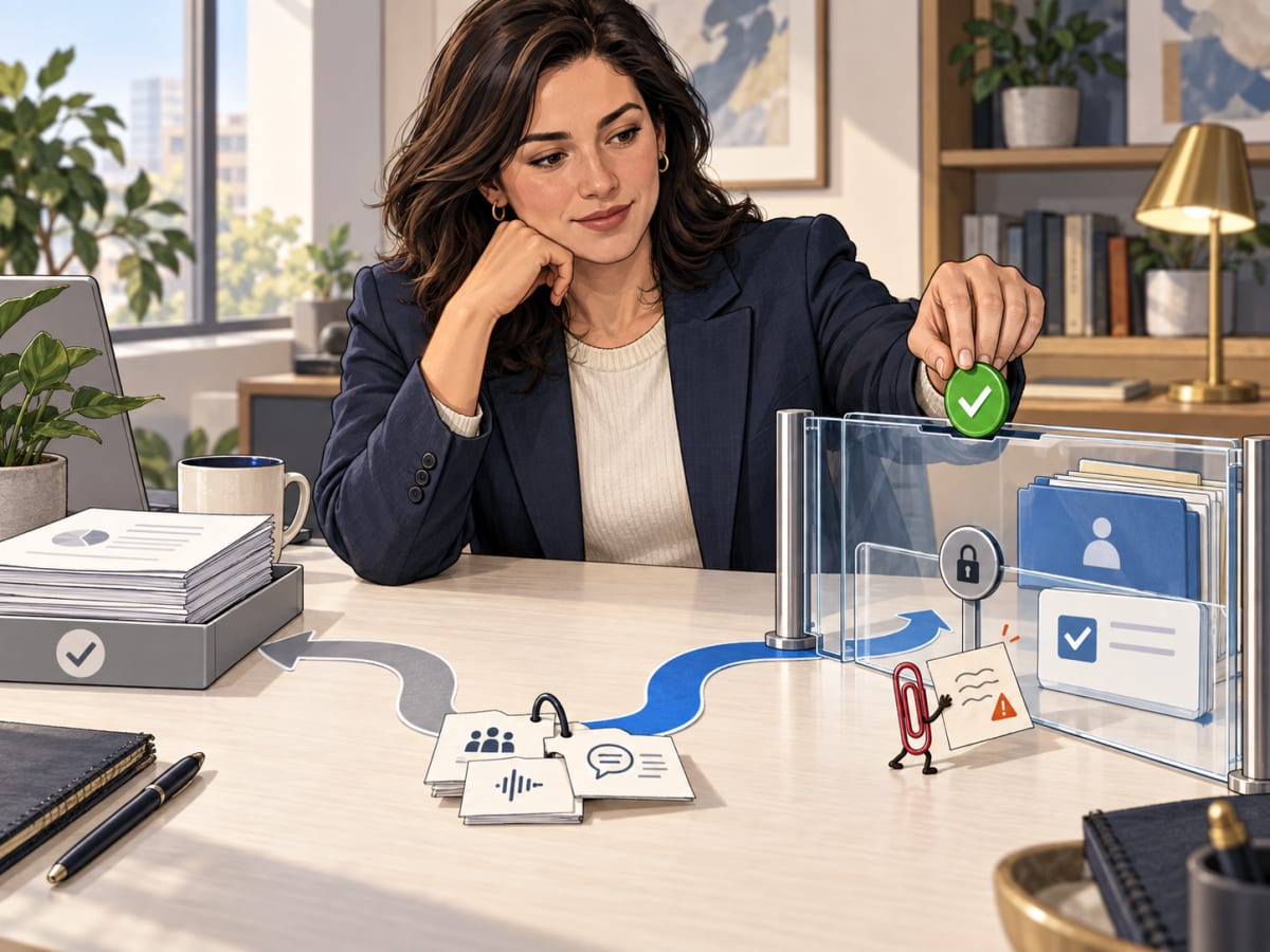 An operations manager reviews meeting-derived drafts while holding approval before tasks and customer records can be updated.