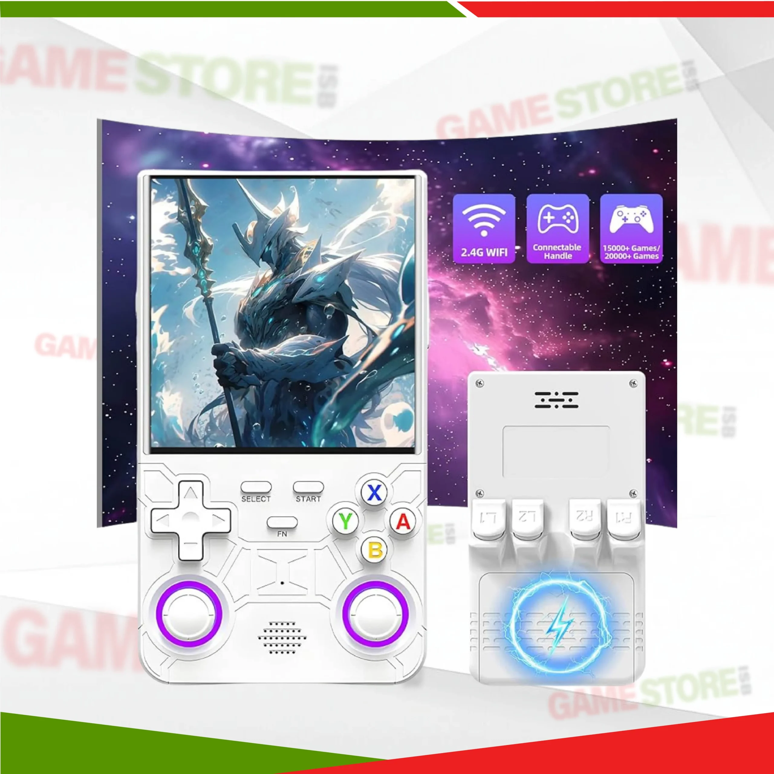 R36 Ultra retro handheld game console in hand showing classic retro game on screen