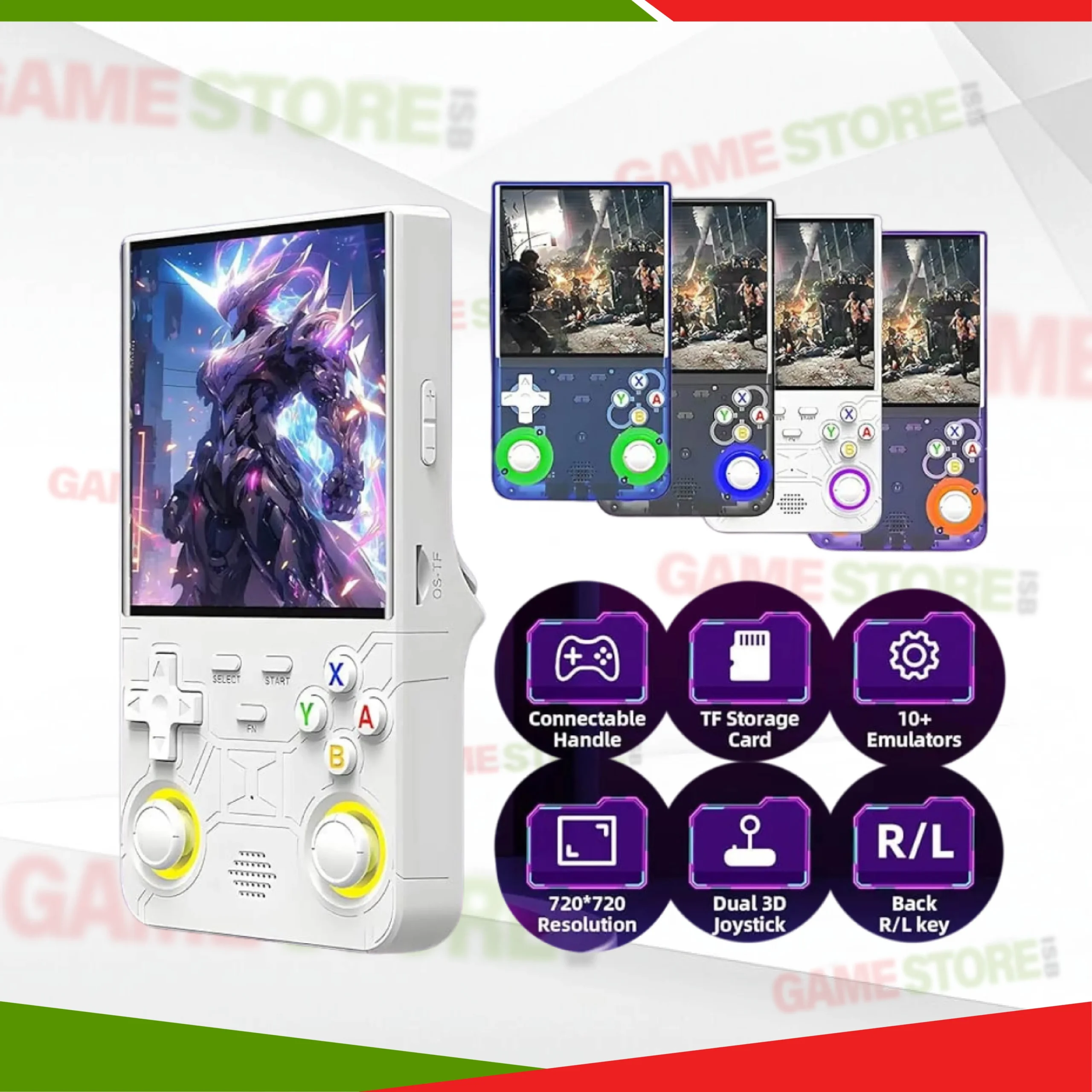 R36 Ultra retro handheld game console in hand showing classic retro game on screen
