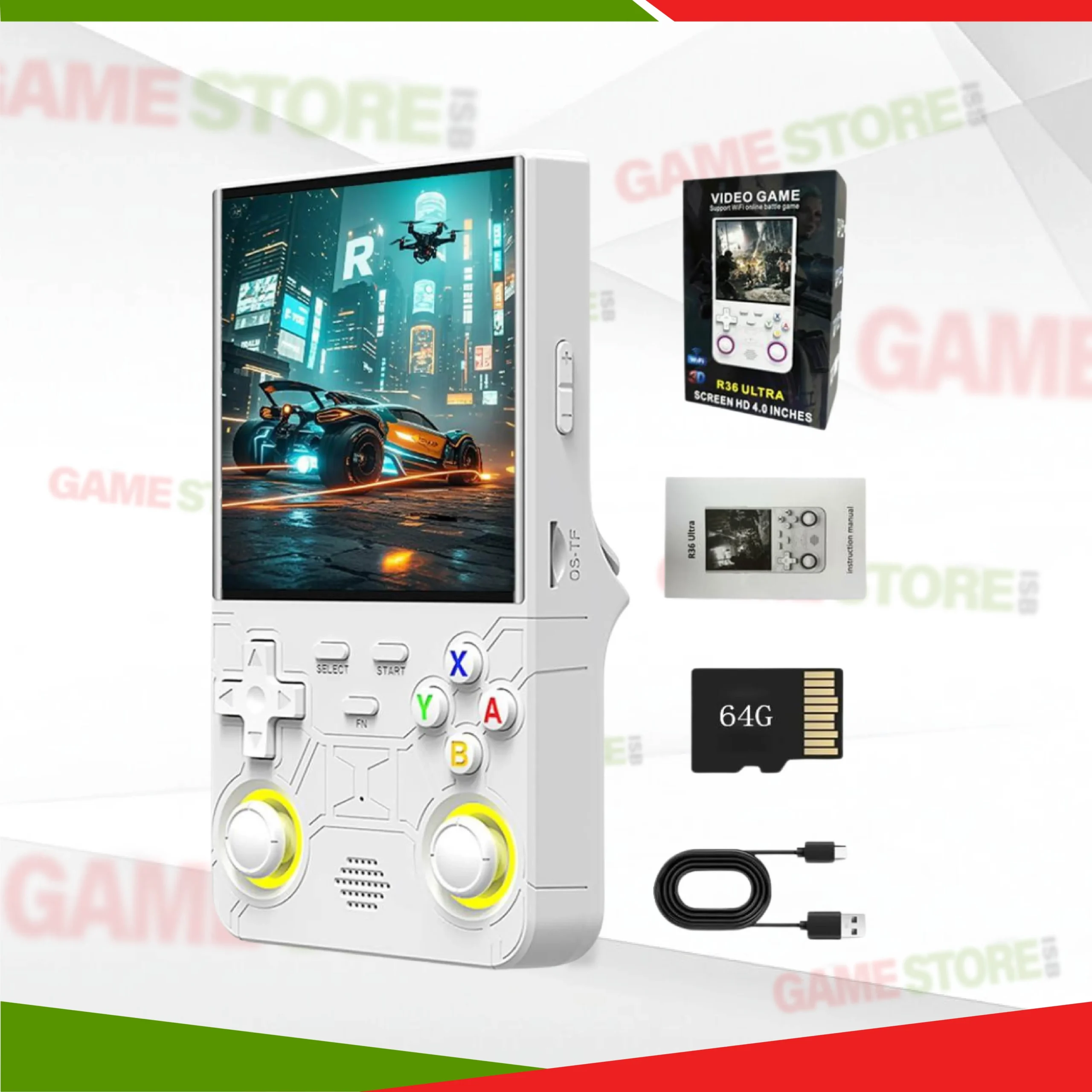 R36 Ultra retro handheld game console in hand showing classic retro game on screen