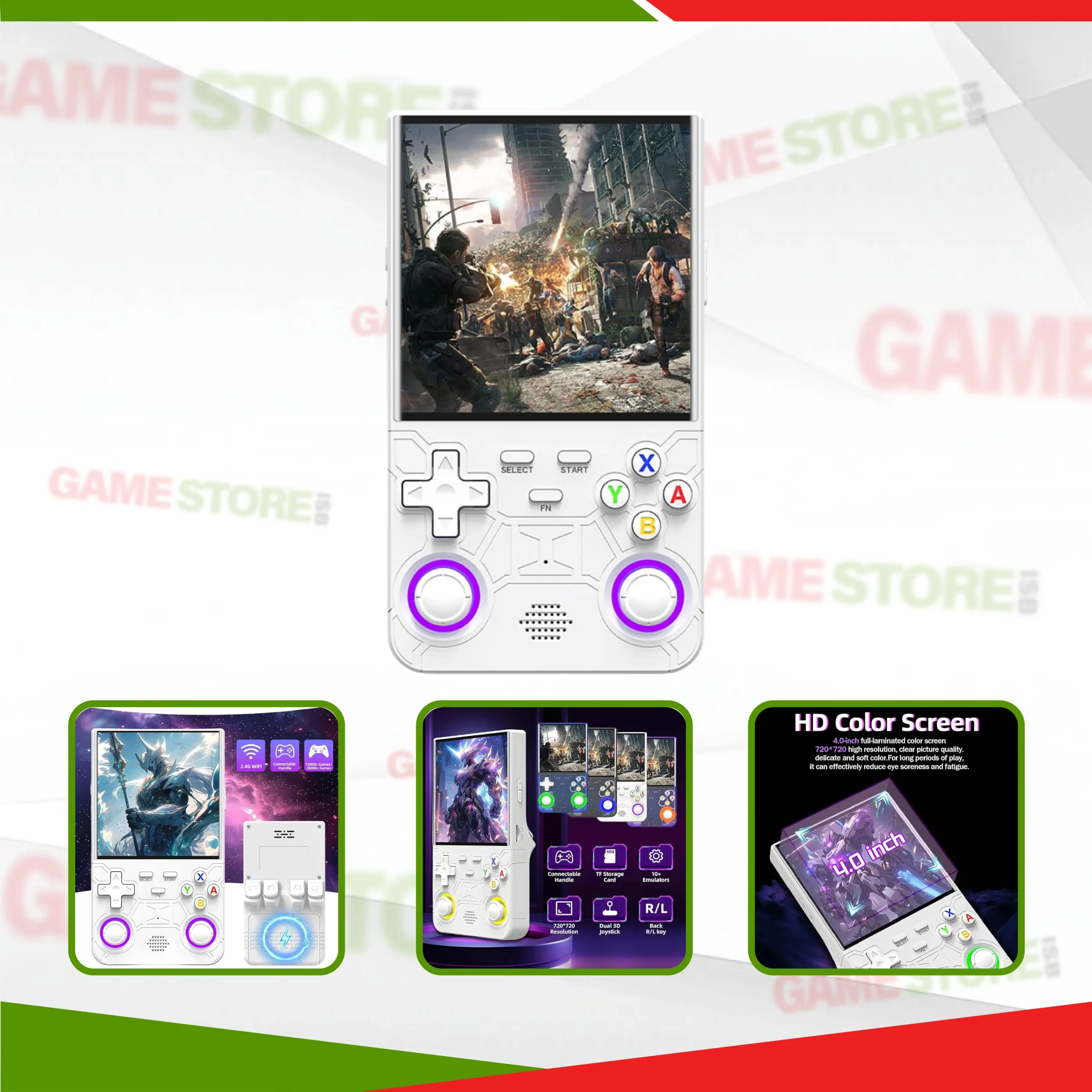 R36 Ultra retro handheld game console in hand showing classic retro game on screen