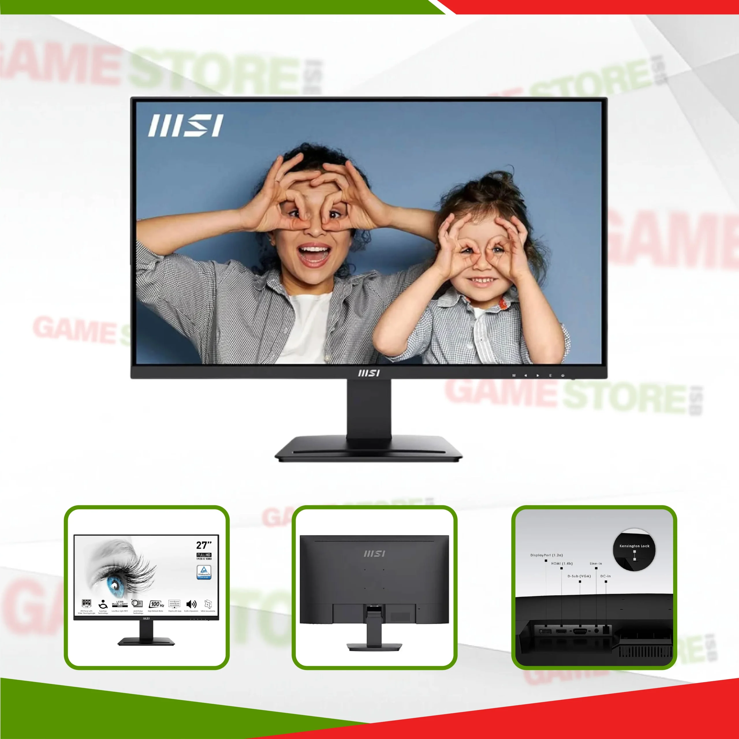 MSI PRO MP273U 27-inch 4K IPS Monitor collage showing multiple product angles and features