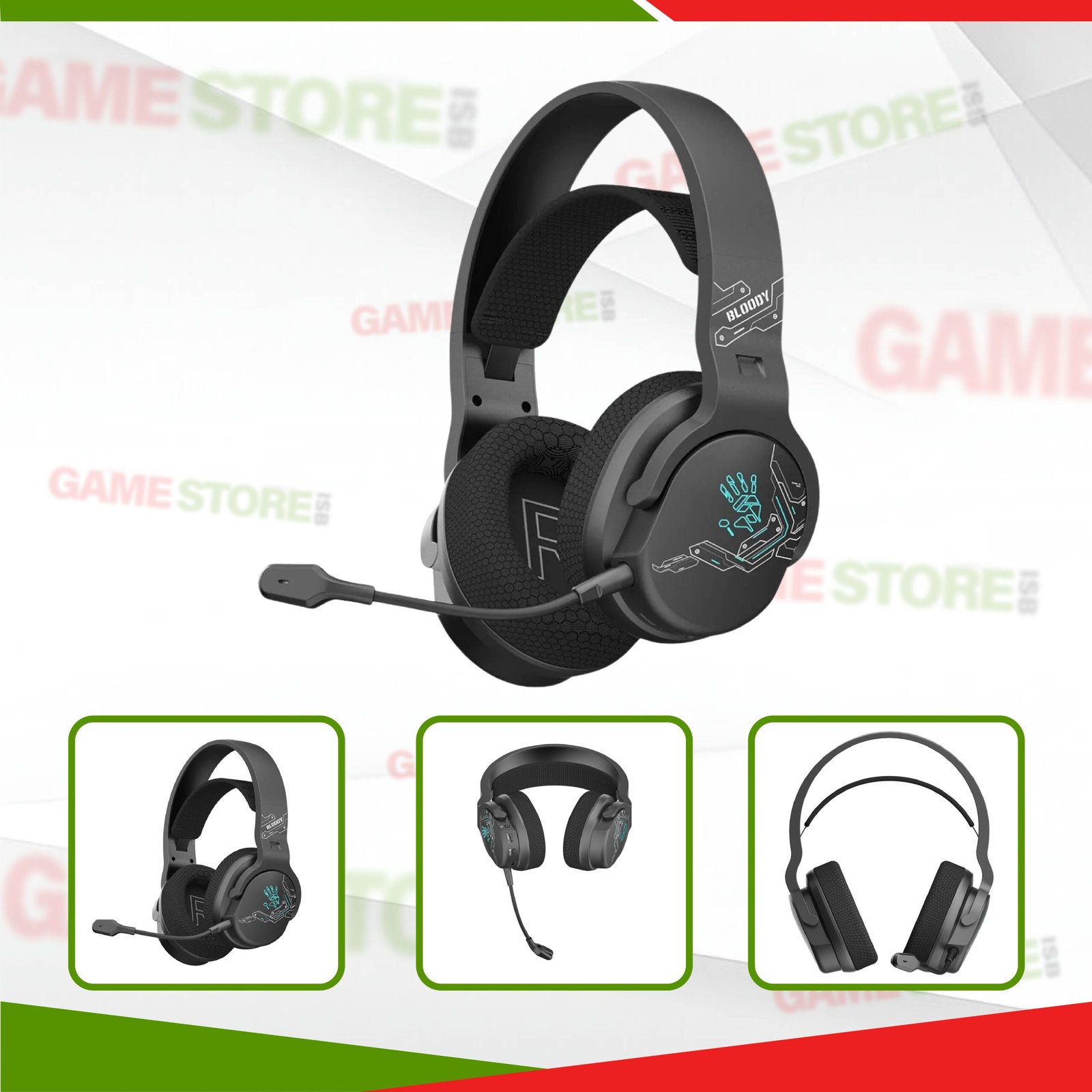 GR370 gaming headset collage showing wireless design, mic, controls, and comfort features