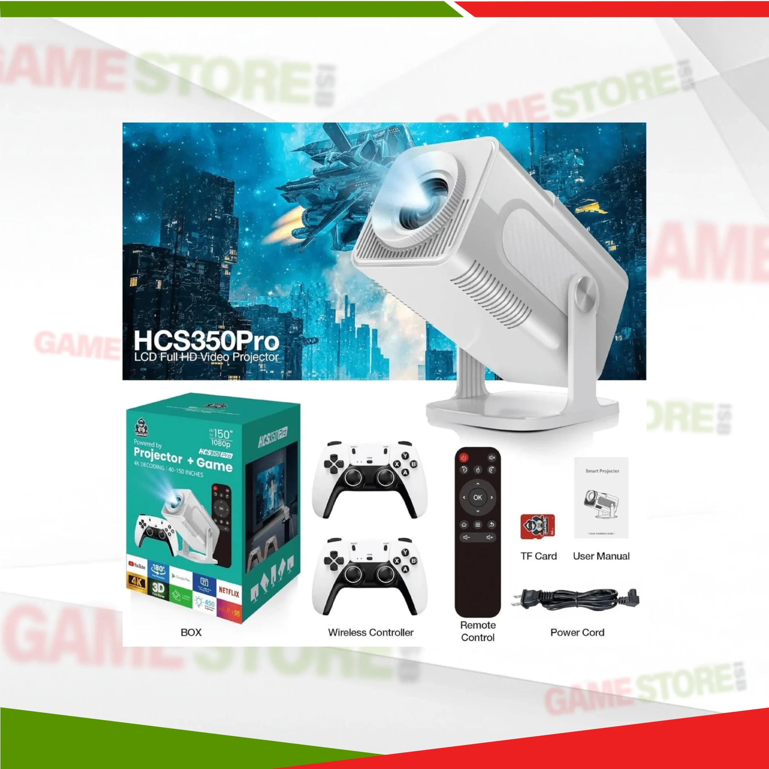 HCS350 Pro portable video game projector with 2 wireless controllers