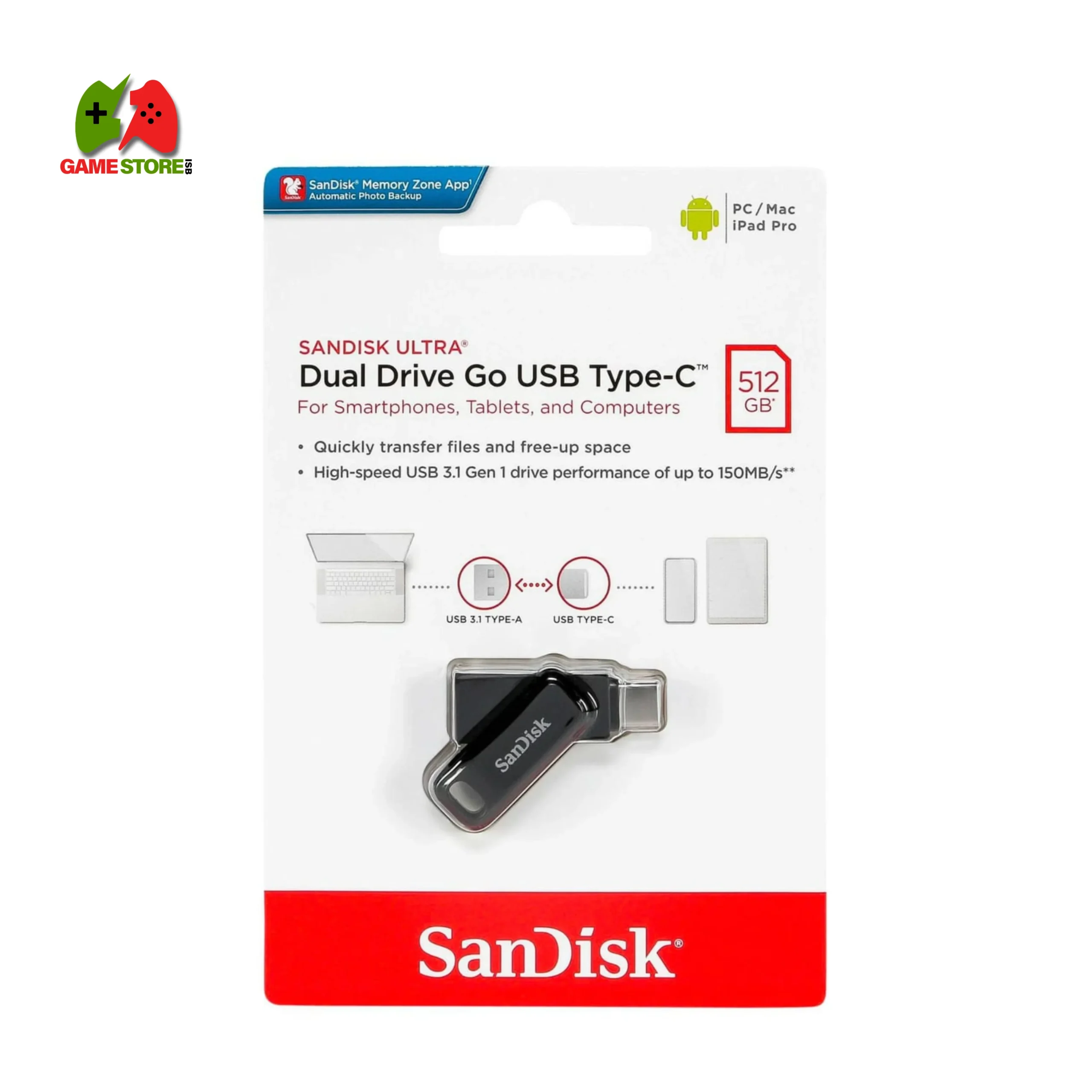 SanDisk Ultra Dual Drive Go 512GB in black featuring both USB Type-C and USB Type-A connectors, suitable for smartphones, tablets, and computers.