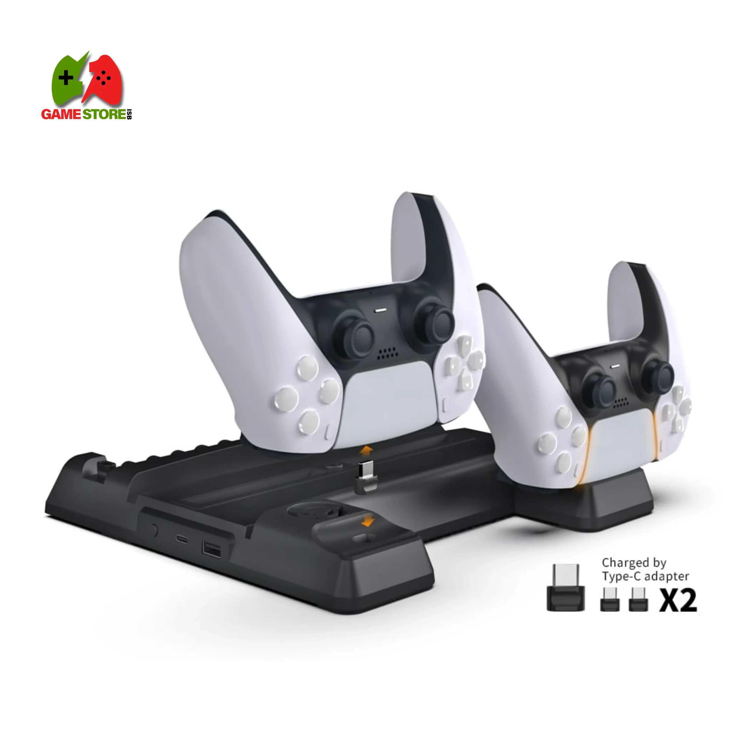 TP5-3550 Versatile Cooling Stand for PS5 featuring a Controller Charging Dock, Adjustable Fan, and LED Display Indicators.