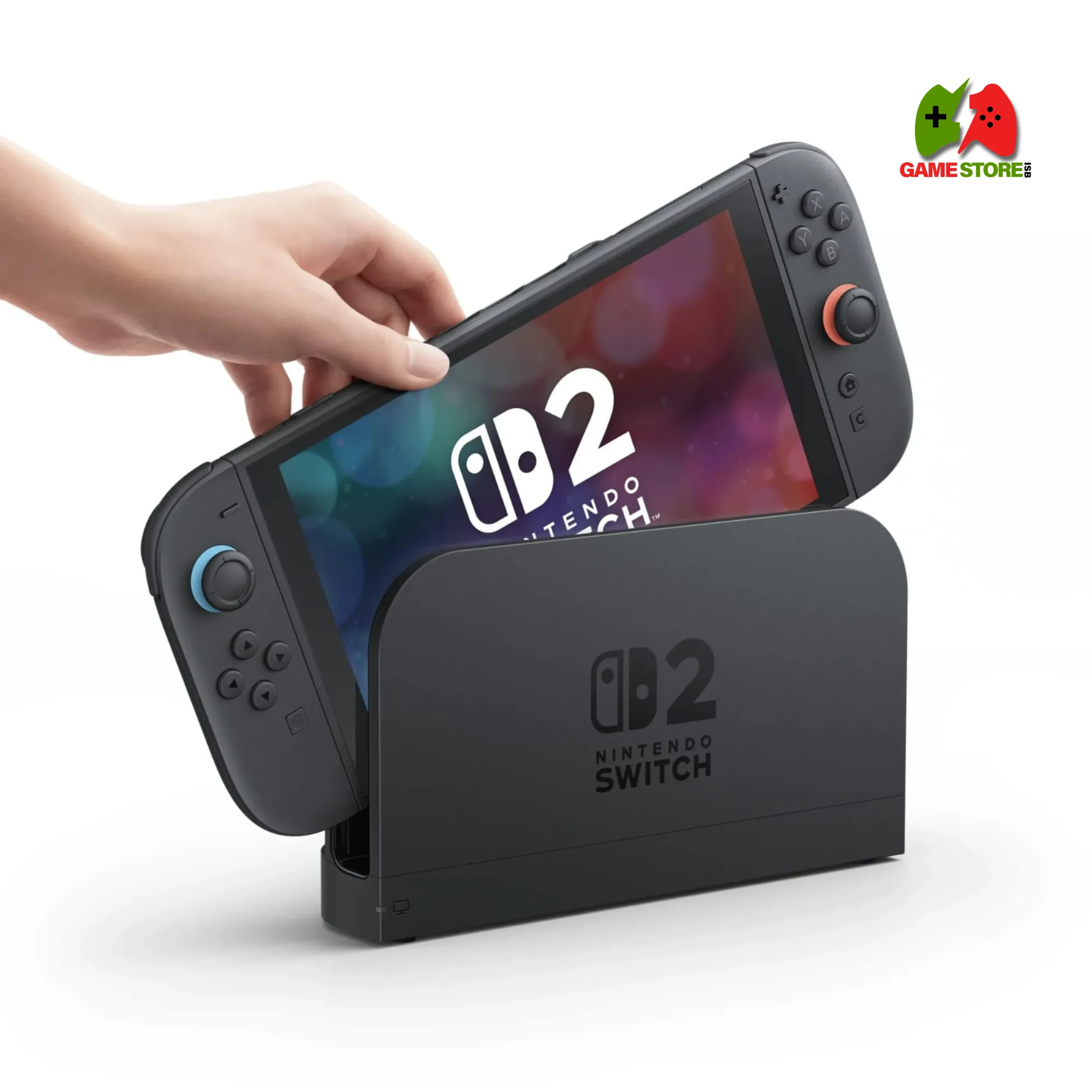 “Sleek Nintendo Switch 2 console resting in its dock, with magnetic Joy‑Con 2 controllers attached, displaying gameplay on a TV screen.”