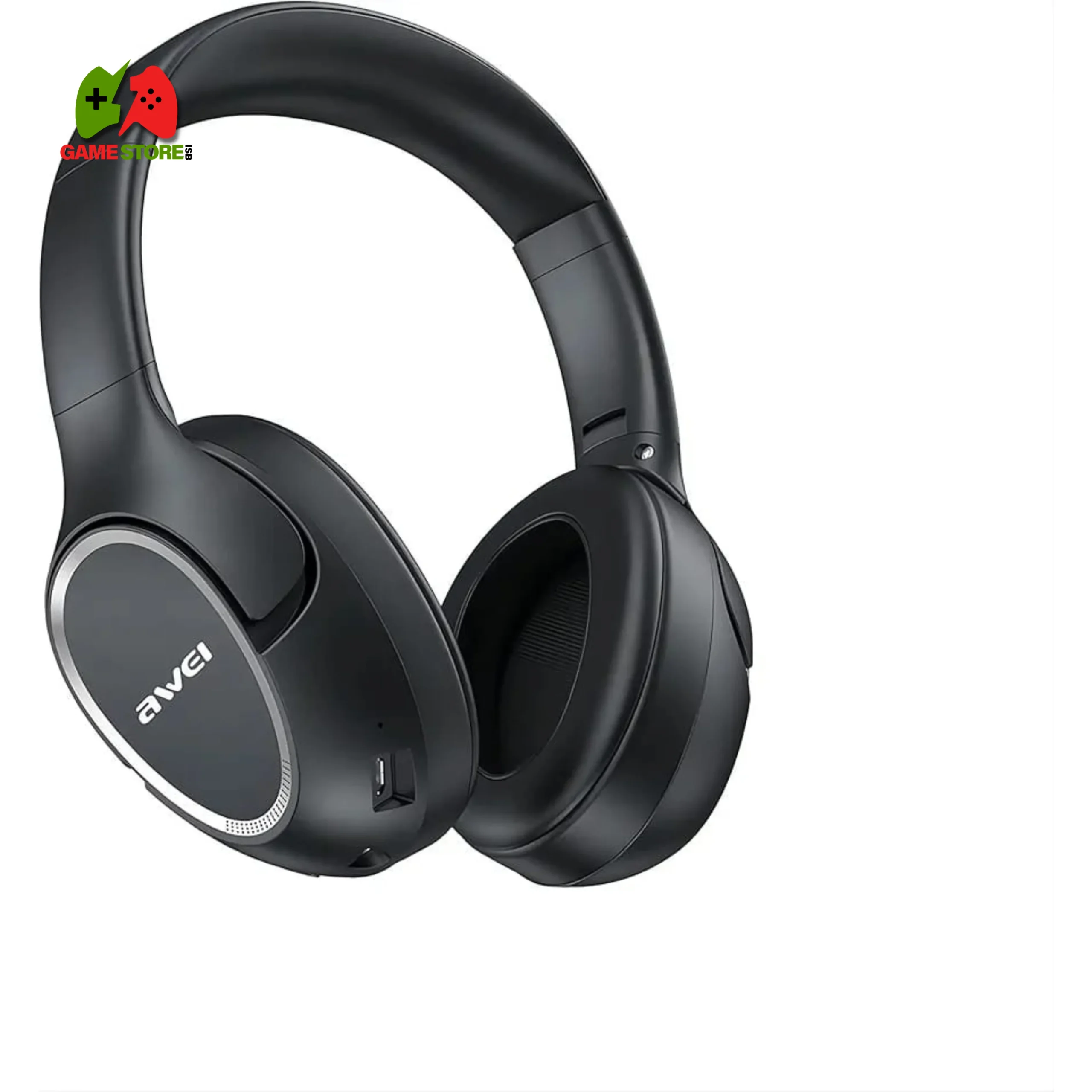 Black AWEI A770BL over-ear headphones featuring a foldable design, noise cancellation, and Bluetooth 5.0 connectivity.