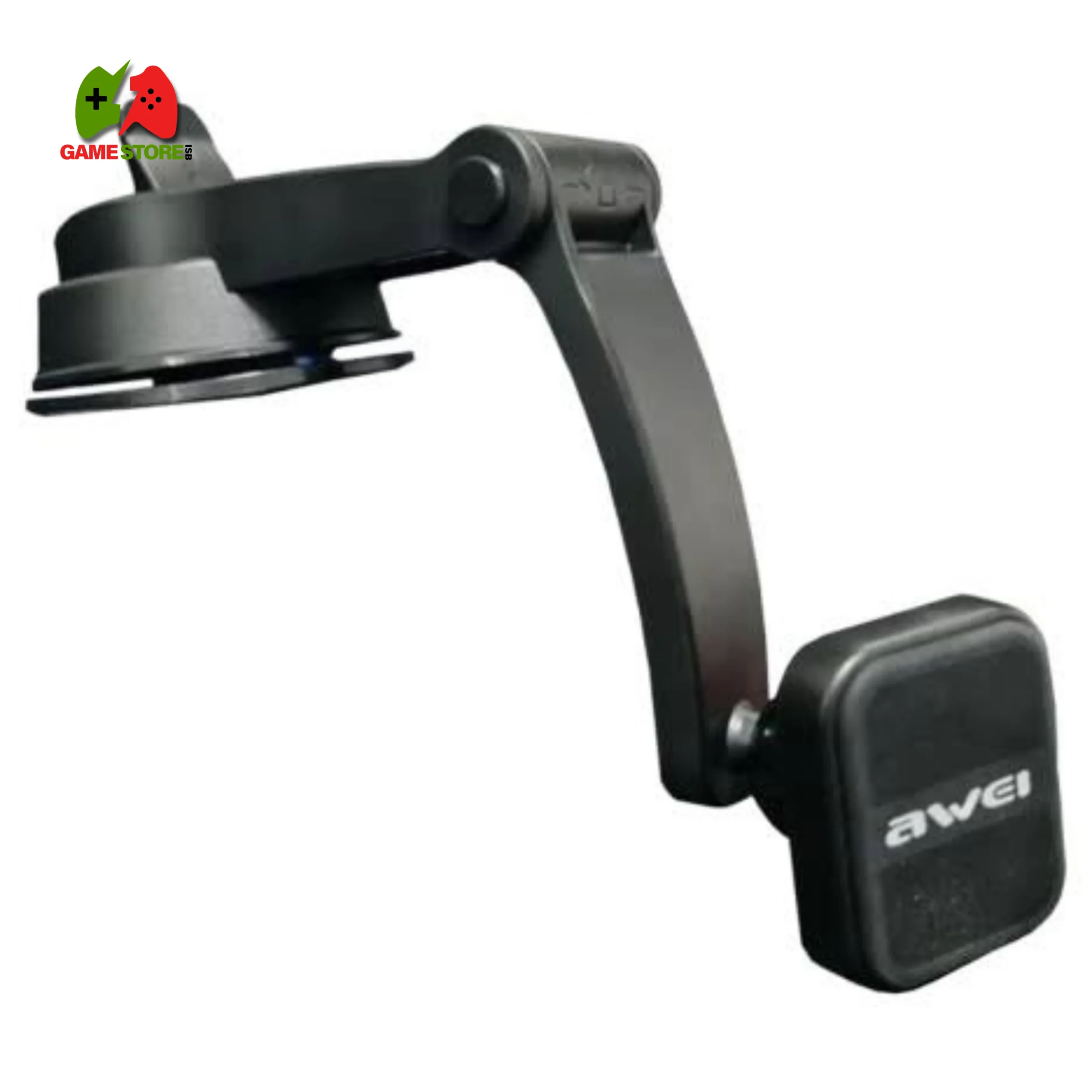 Black magnetic car phone holder featuring a metal build, 6 powerful magnets, and double 360° rotation, securely mounted on a car dashboard.
