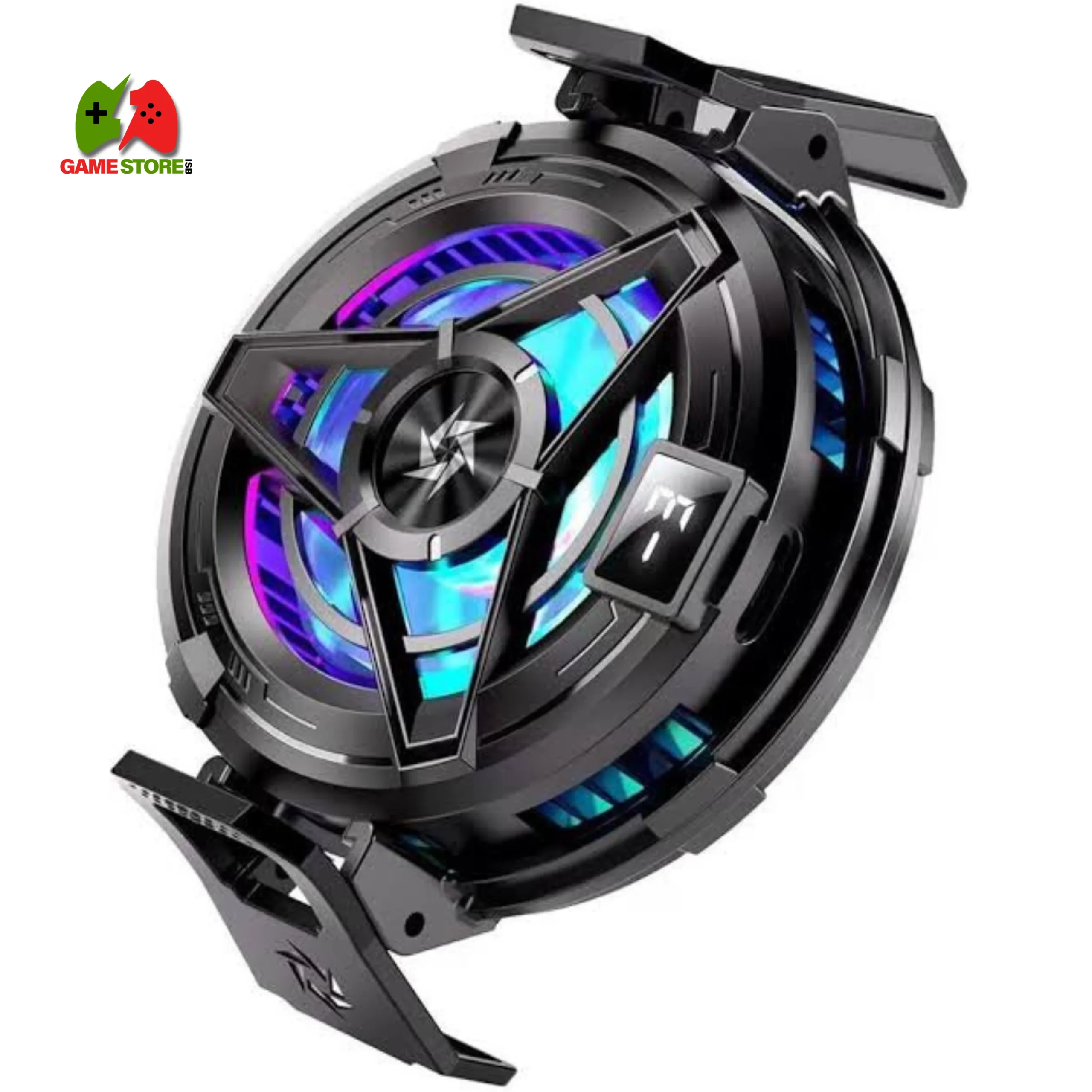 "ENRG SL-10 Mobile Cooling Fan attached to a smartphone, showcasing its sleek design and RGB lighting."