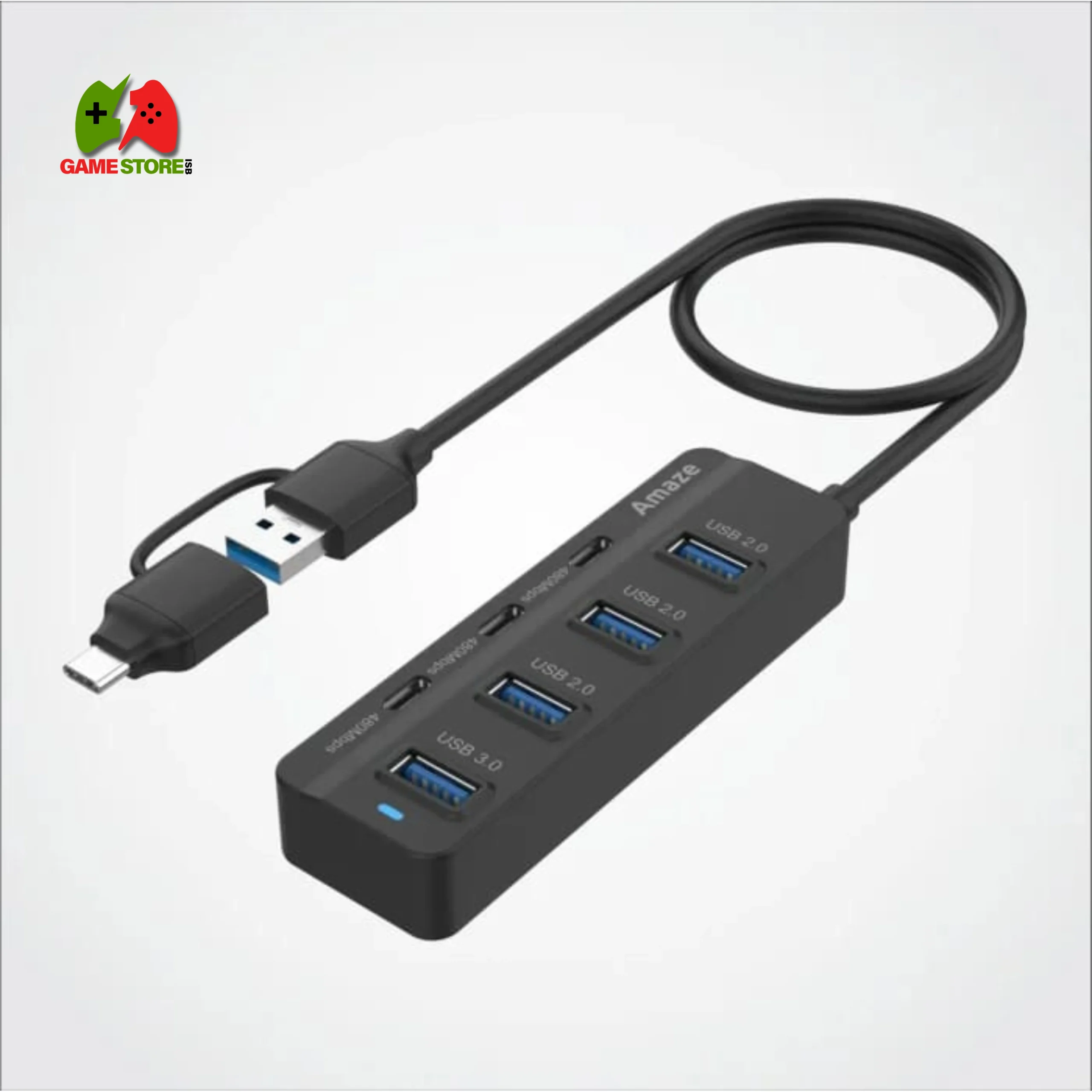 AMAZE A327 7-Port USB 3.0 Hub with Dual USB-A and Type-C Inputs in Black