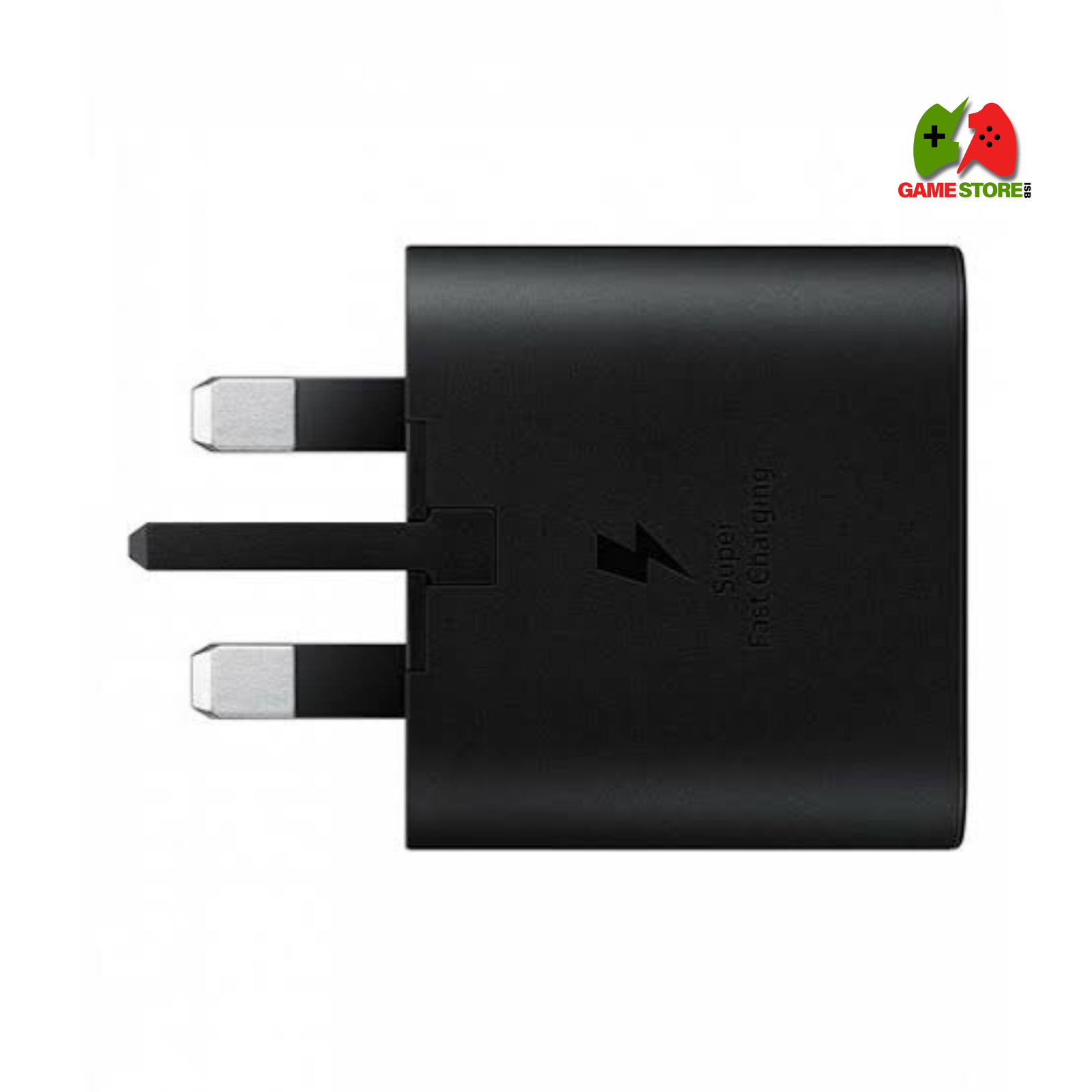 "Samsung 25W Super Fast Charging Travel Adapter in black color with UK 3-pin plug"