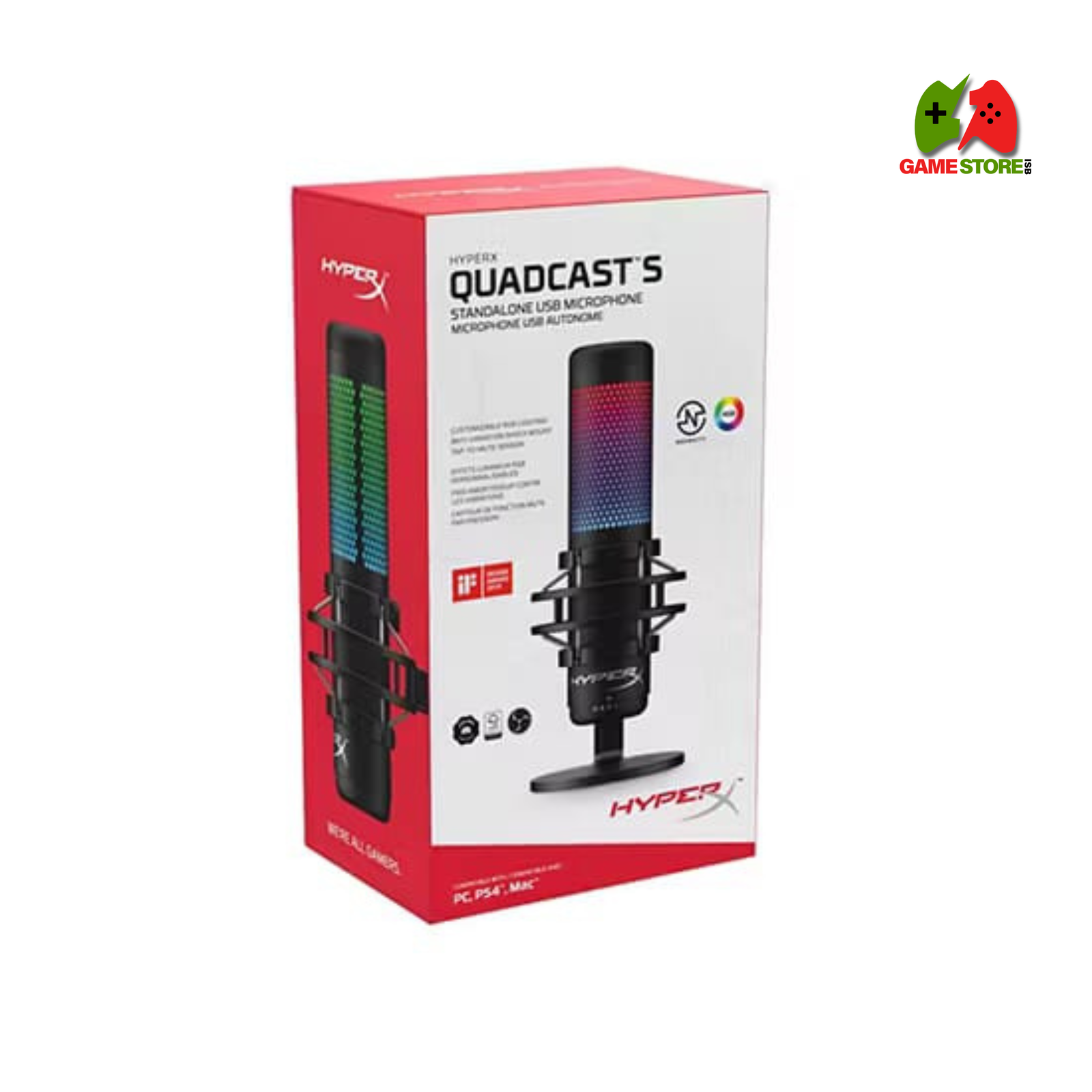 HyperX QuadCast USB Gaming Microphone with red LED, shock mount, pop filter, and tap-to-mute for PC, PS5, PS4, and Mac.