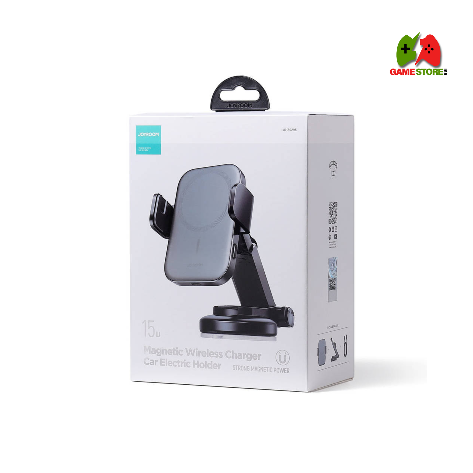 JR-ZS295 Magnetic Wireless Car Charger – black fast-charging phone holder for air vent and dashboard with 15W output.