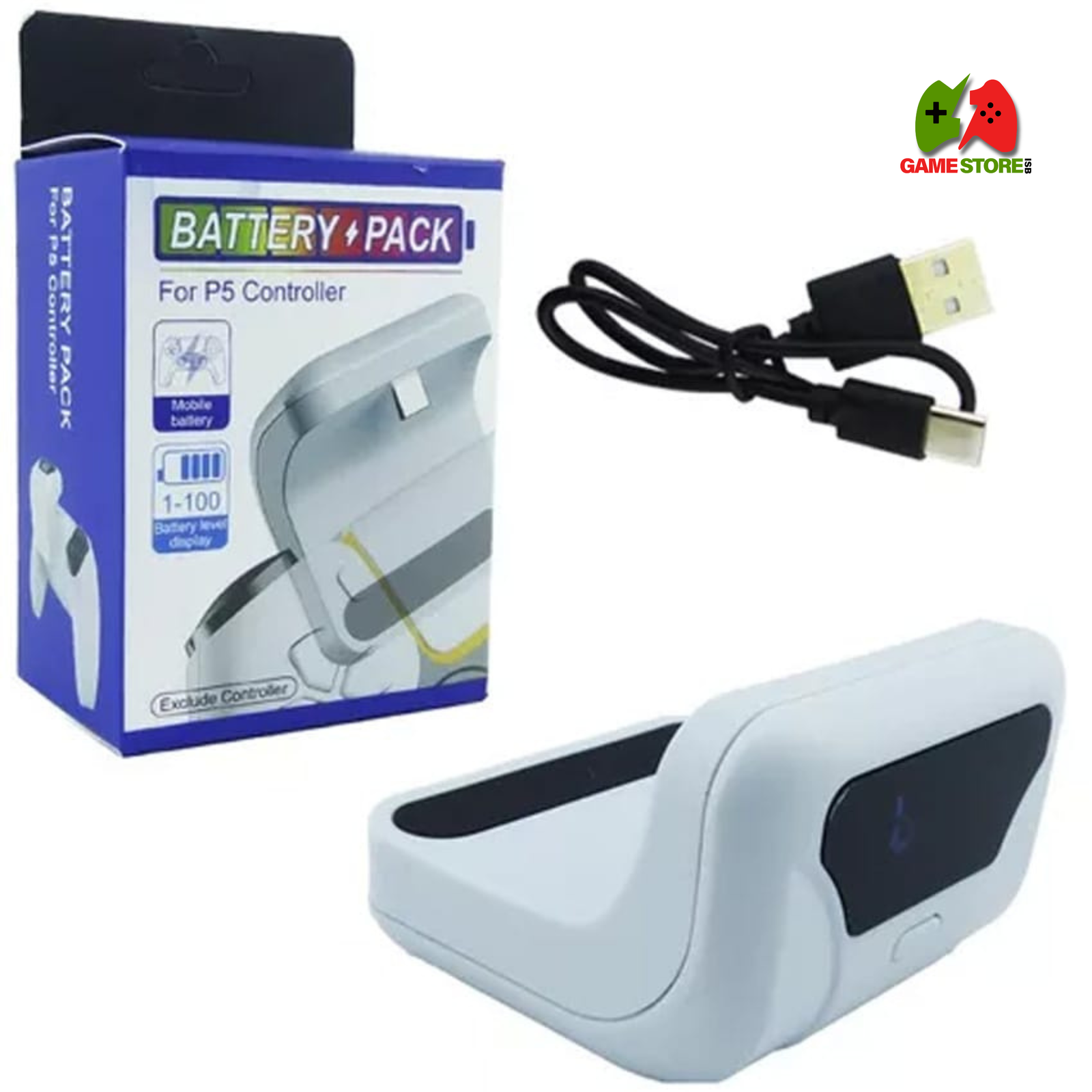 NexiGo Rechargeable Battery Pack for PS5 & DualSense Edge – White 1600mAh battery pack with LED indicators and USB-C charging for PlayStation 5 controllers.