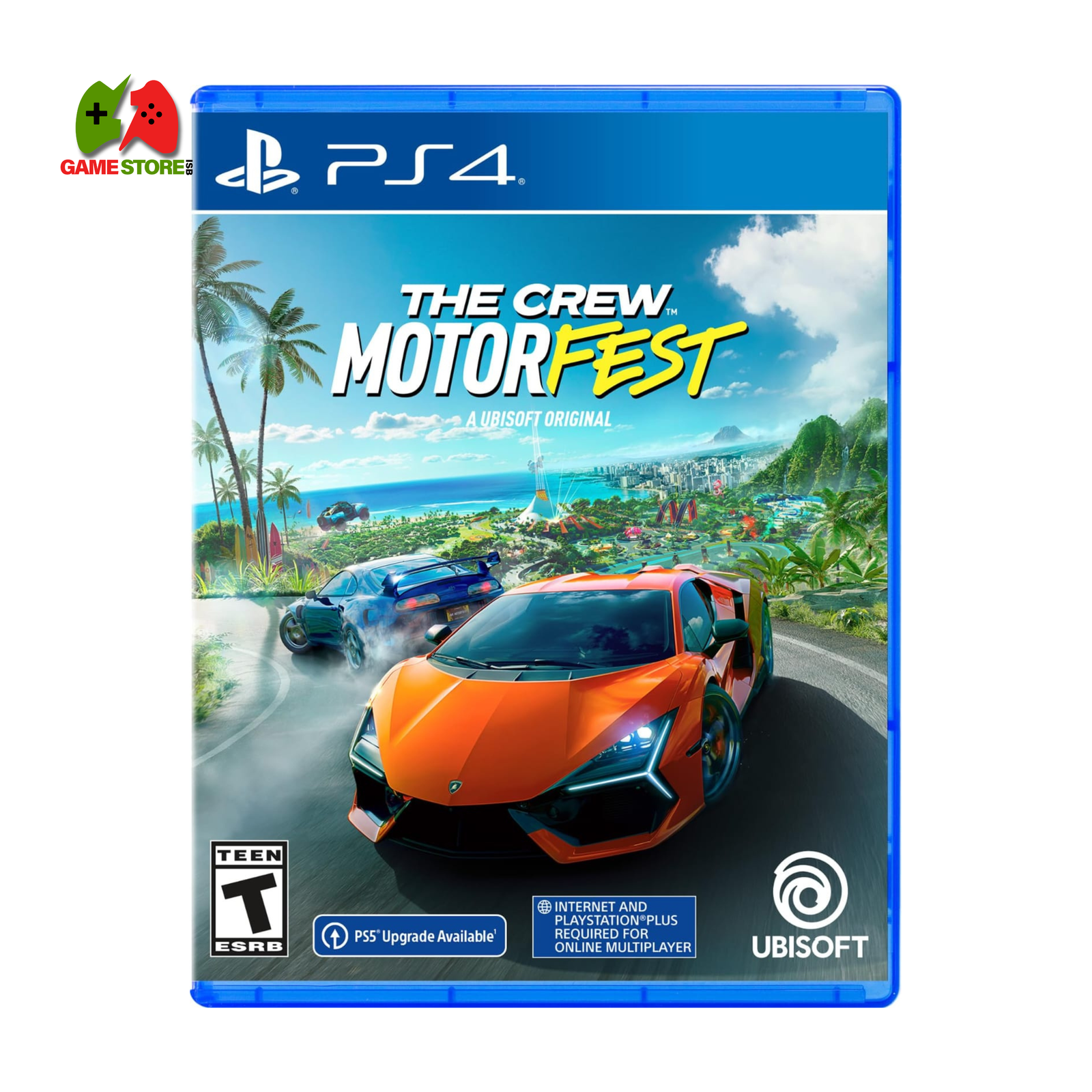 A vibrant racing scene from The Crew Motorfest, showcasing high-speed action on the streets of Honolulu, off-road trails, and iconic race tracks with stunning Hawaiian landscapes in the background.