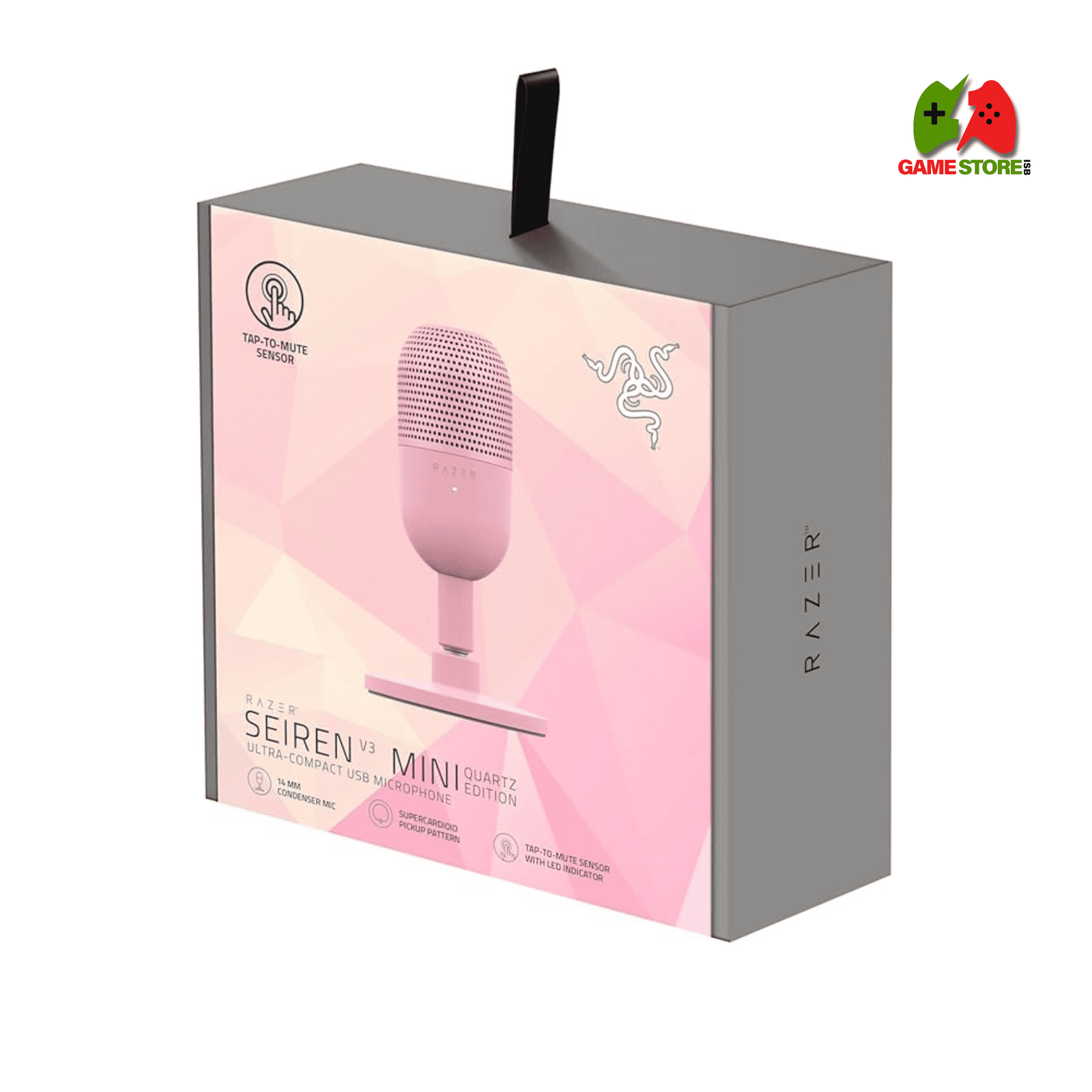 Razer Seiren V3 Mini USB Microphone in Quartz color on a desk setup.