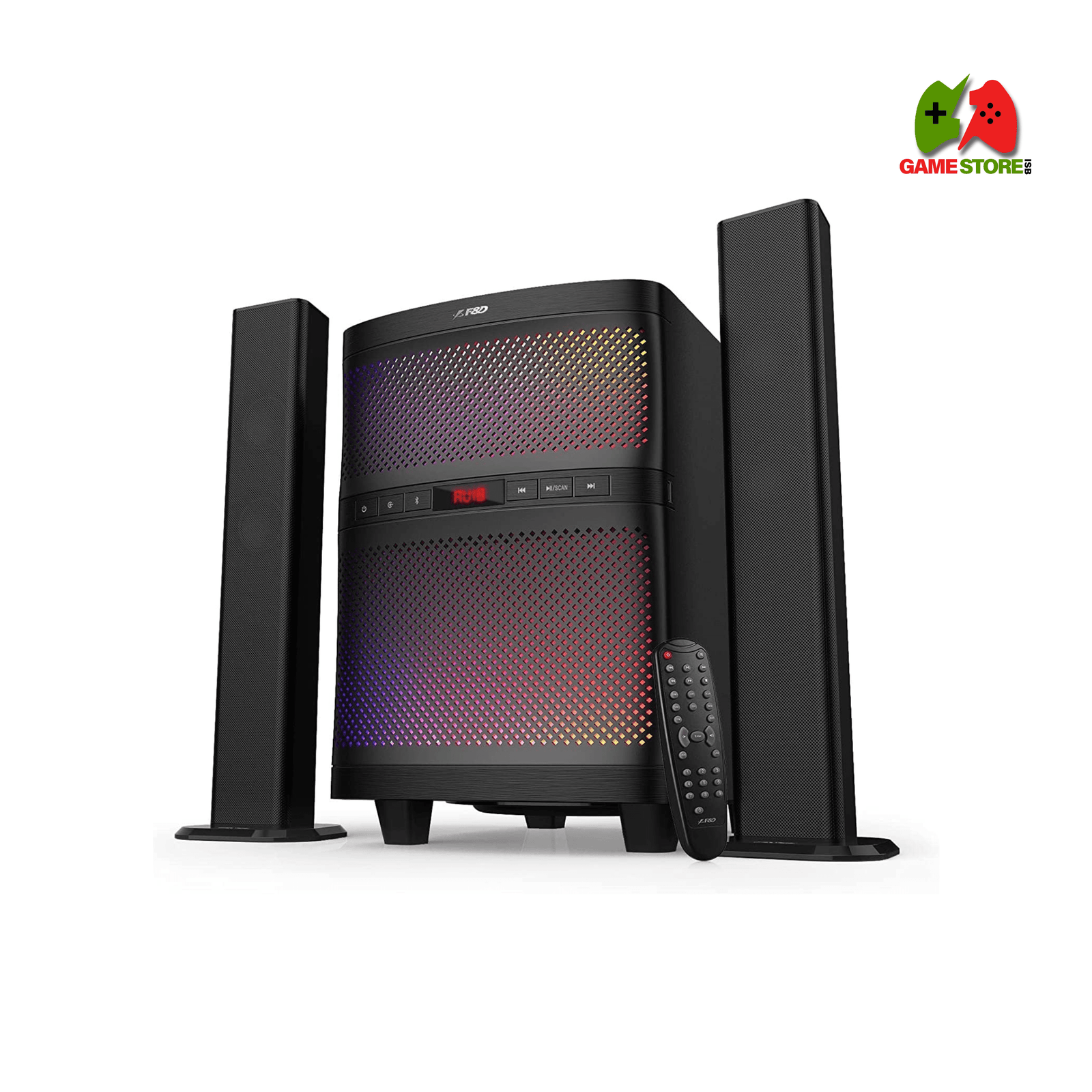 F&D T200X 2.1 Bluetooth Soundbar Cum Tower Speaker – 70W surround sound, LED lights, wireless remote, and versatile design.