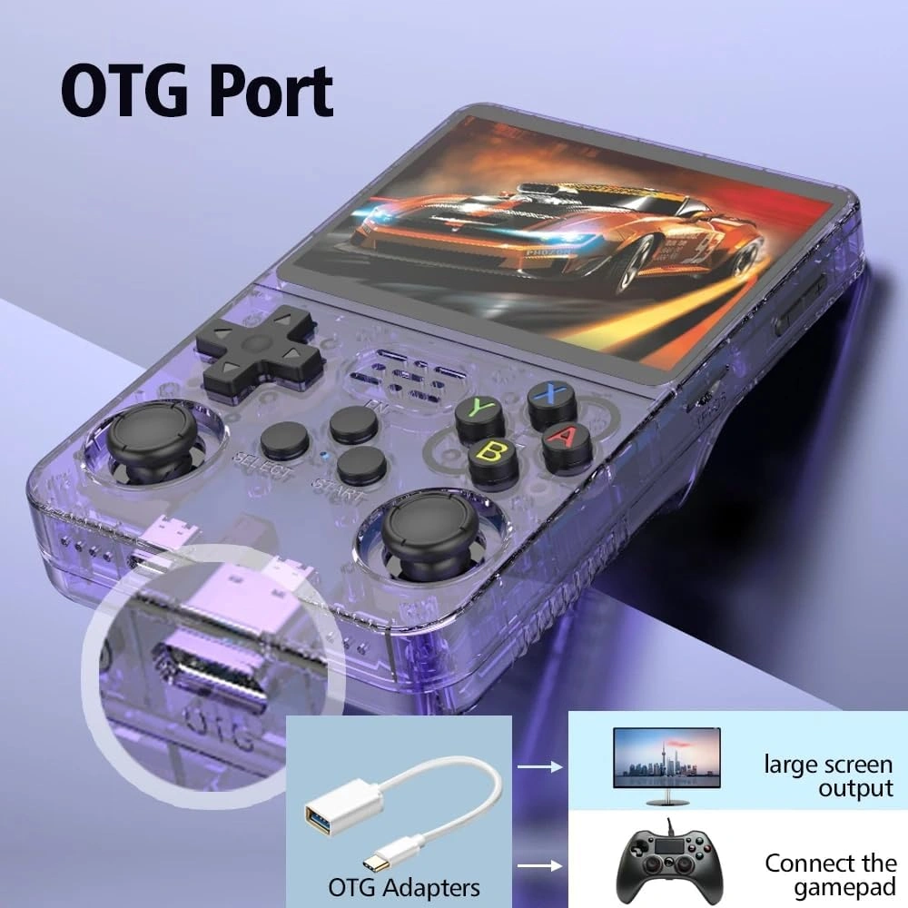 R36S 64GB retro handheld game console with 3.5 inch IPS screen showing retro games
