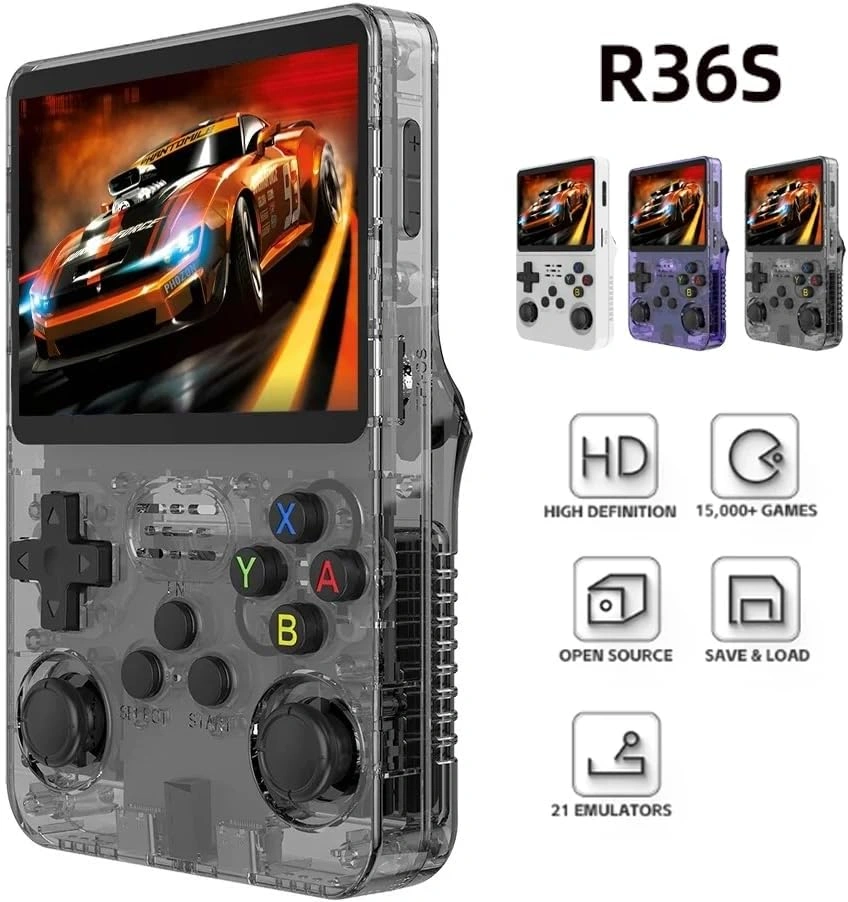 R36S 64GB retro handheld game console with 3.5 inch IPS screen showing retro games