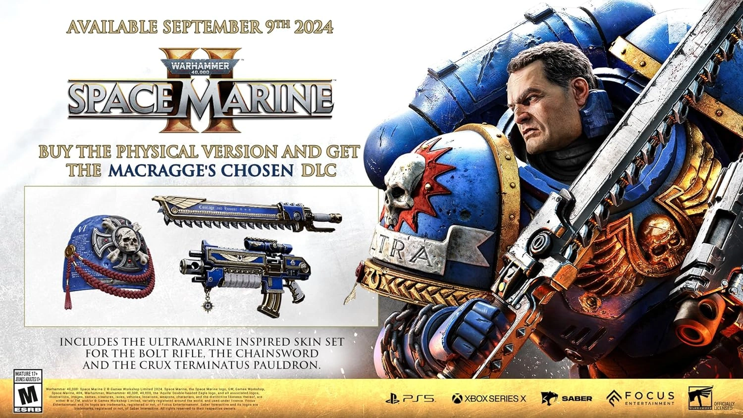 Warhammer 40000 Space Marine 2 PS5 game cover showing Space Marine Titus in full armour ready for battle - Space Marine 2 PS5