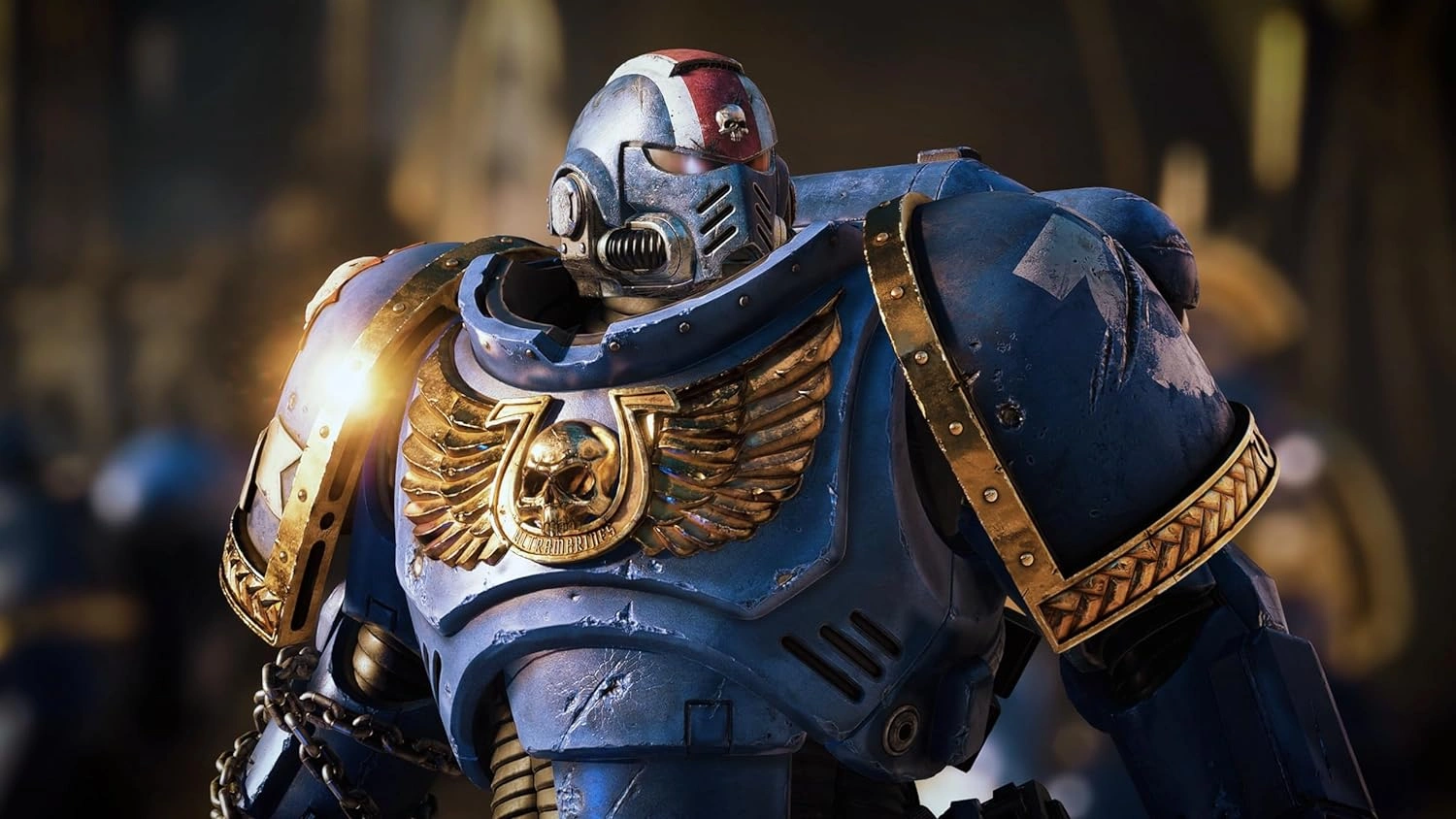 Warhammer 40000 Space Marine 2 PS5 game cover showing Space Marine Titus in full armour ready for battle - Space Marine 2 PS5