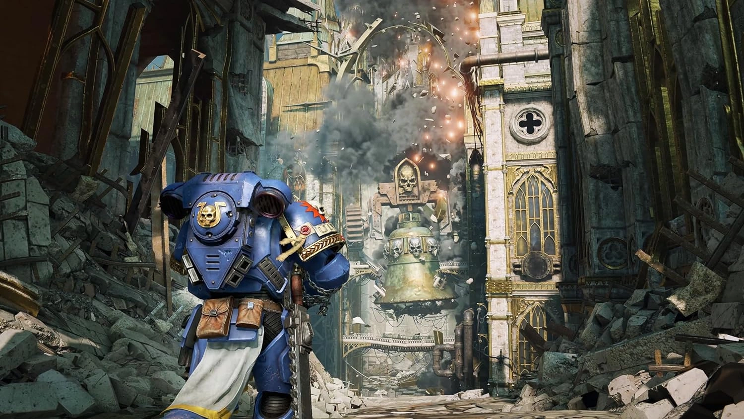 Warhammer 40000 Space Marine 2 PS5 game cover showing Space Marine Titus in full armour ready for battle - Space Marine 2 PS5