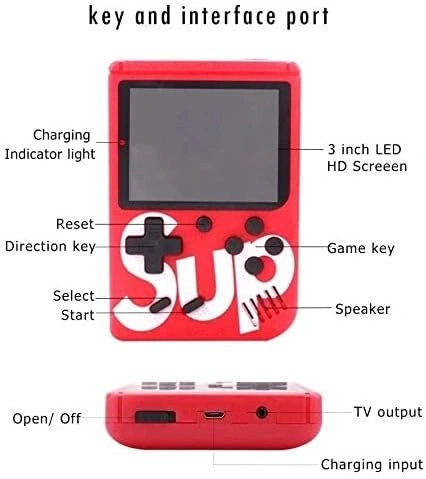 SUP Game Box Plus 400 in 1 retro handheld console held in hand showing game menu