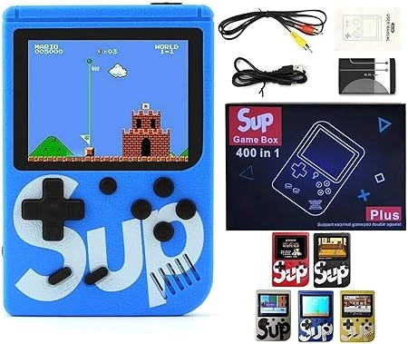 SUP Game Box Plus 400 in 1 retro handheld console held in hand showing game menu