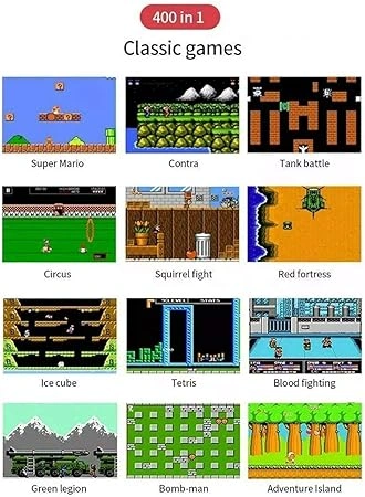 SUP Game Box Plus 400 in 1 retro handheld console held in hand showing game menu