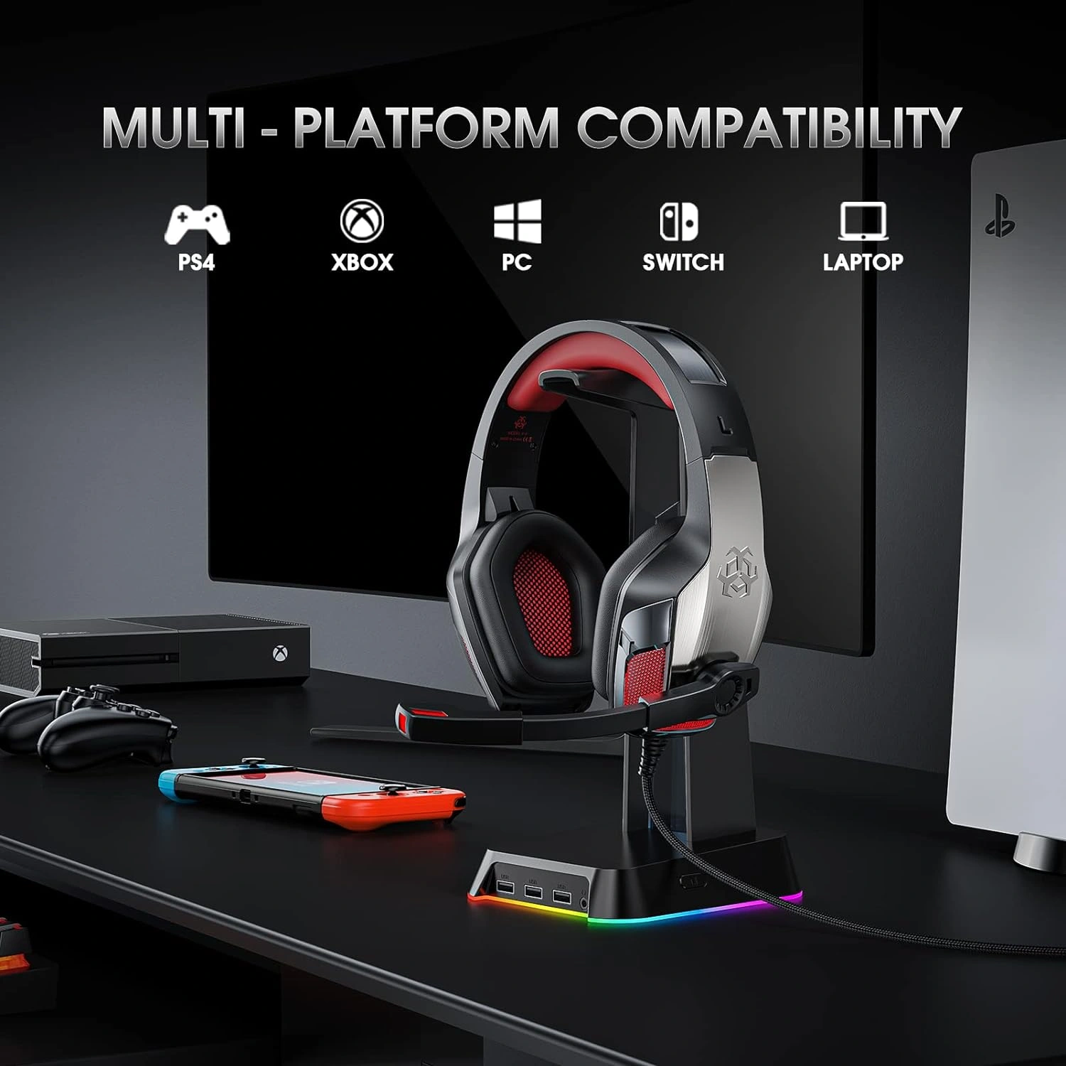 Hunterspider RGB gaming headset with LED lighting in red