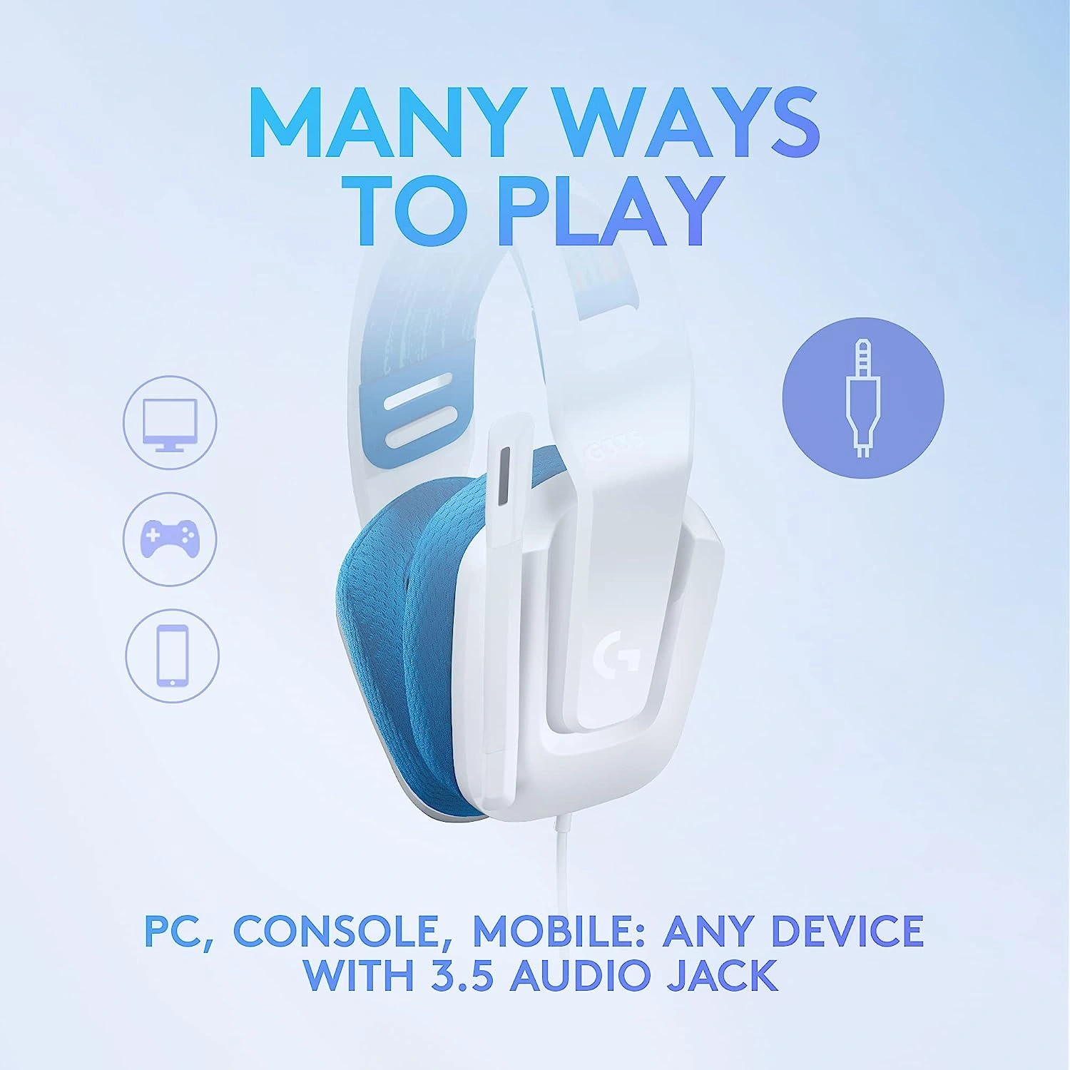 Logitech G335 white wired gaming headset with flip-to-mute microphone