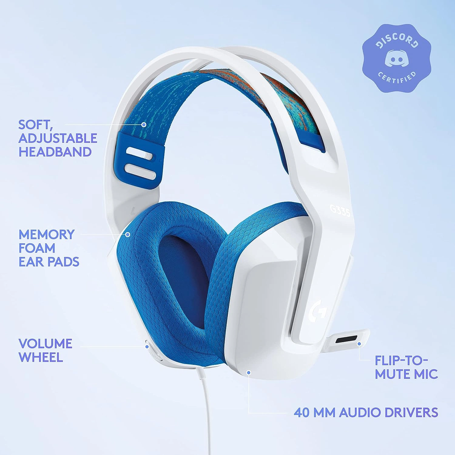 Logitech G335 white wired gaming headset with flip-to-mute microphone