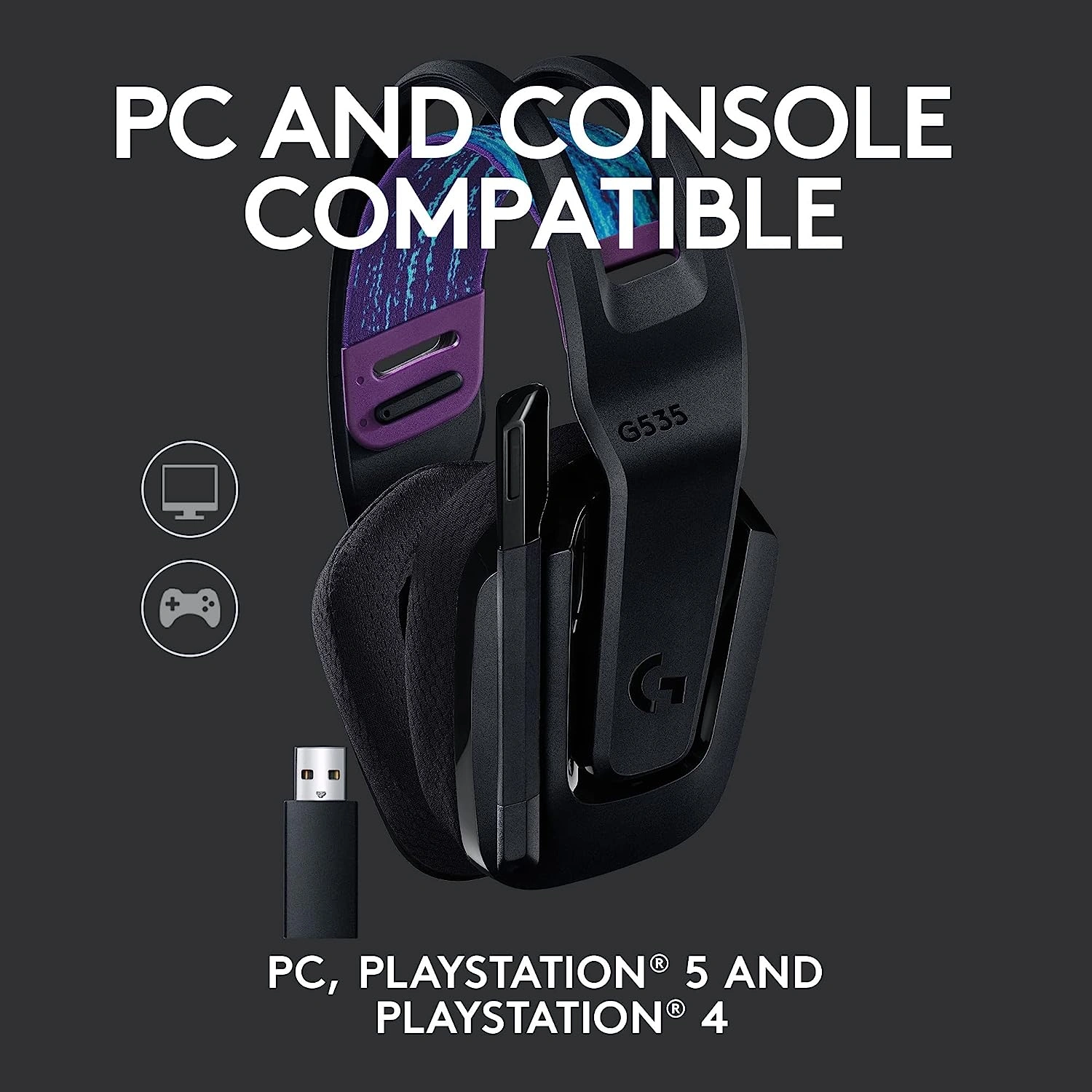 Logitech G535 Lightspeed black wireless gaming headset with ski-band headband