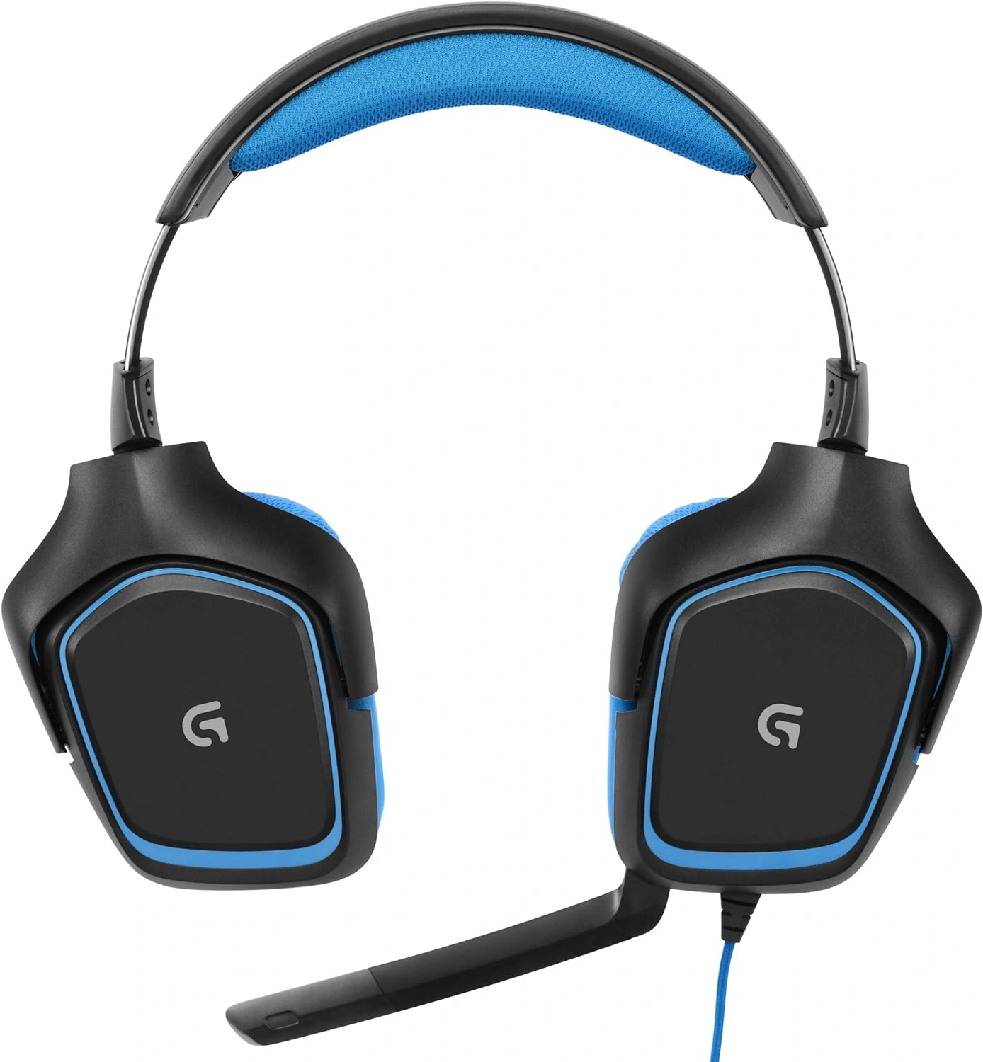 Logitech G430 7.1 surround sound gaming headset with foldable mic and blue accents