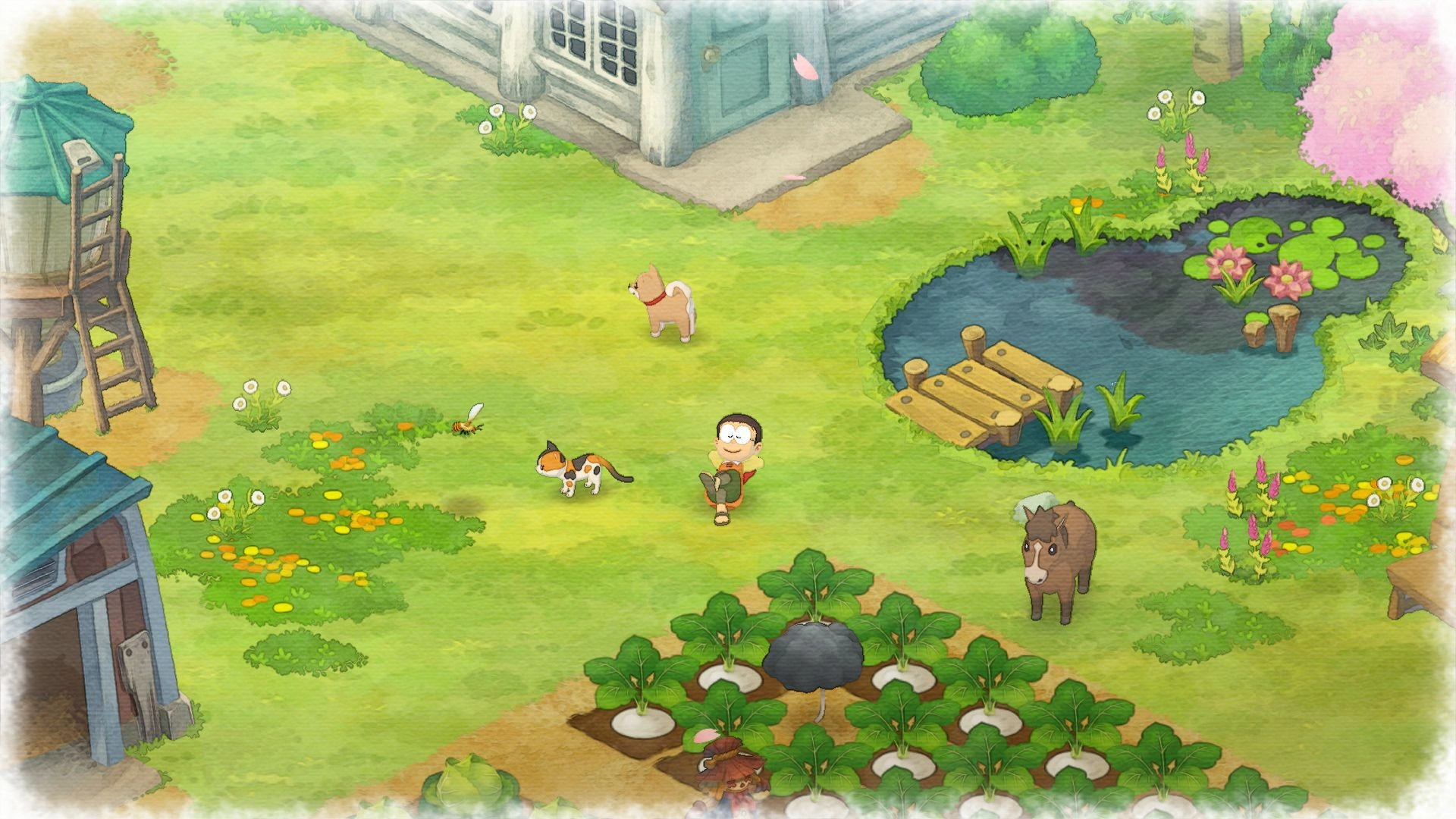 2. Doraemon PS4 gameplay showing Nobita farming in the town of Natura