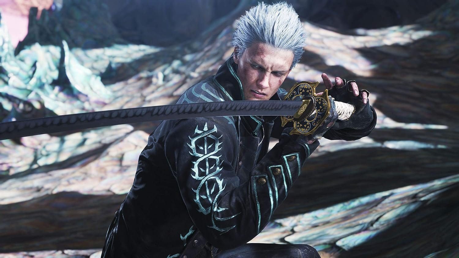 DMC 5 PS5 gameplay showing Dante battling demons with Rebellion sword