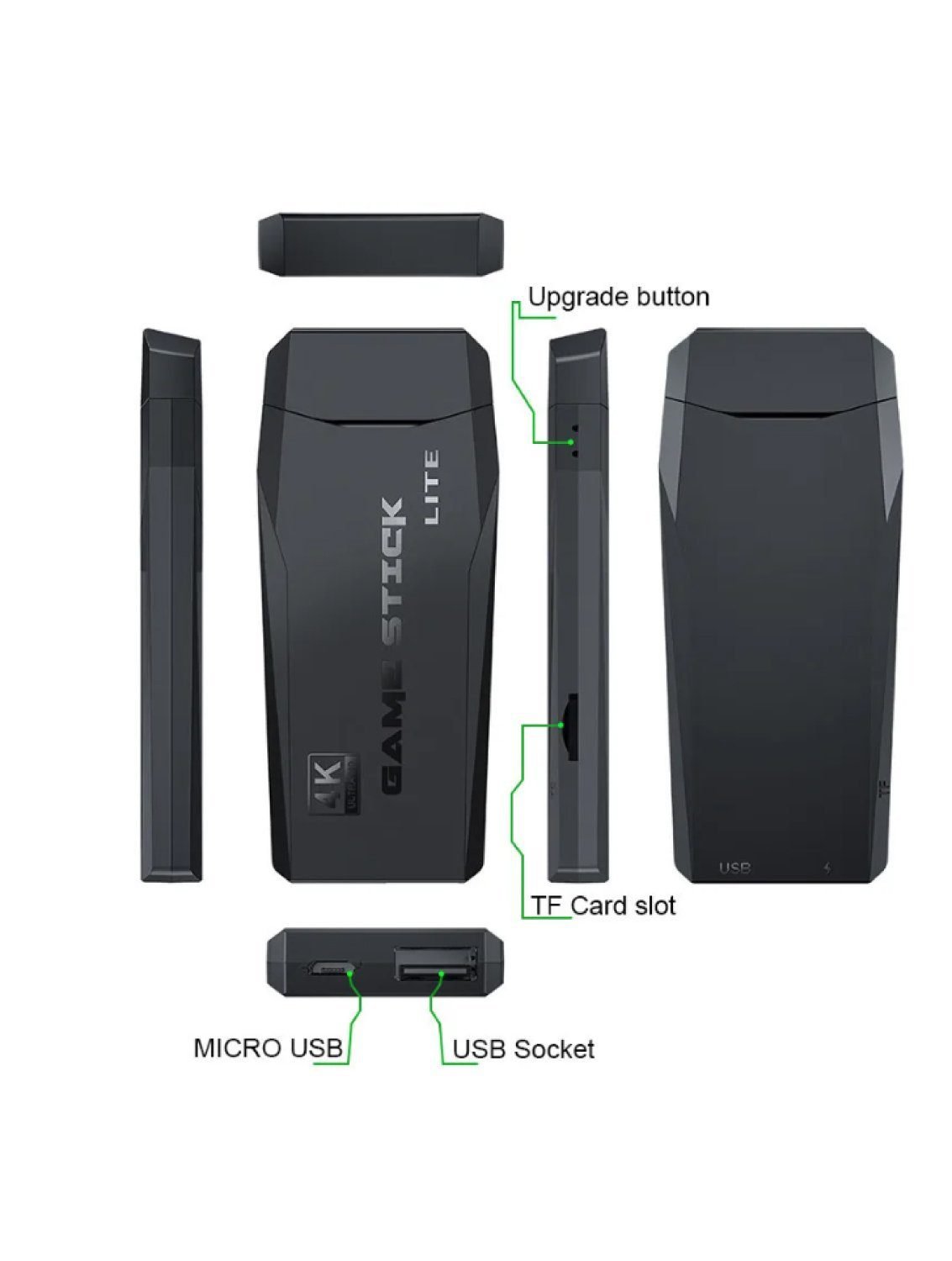 Video Game Stick Lite 4K console with wireless controllers plugged into TV for retro gaming