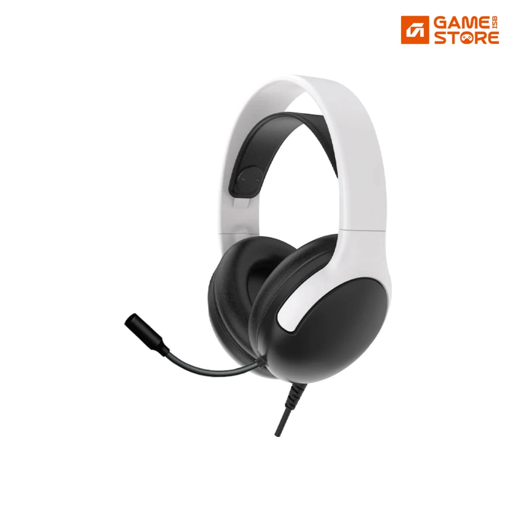 Qware PS5 Deluxe stereo gaming headset in black and white on a white background