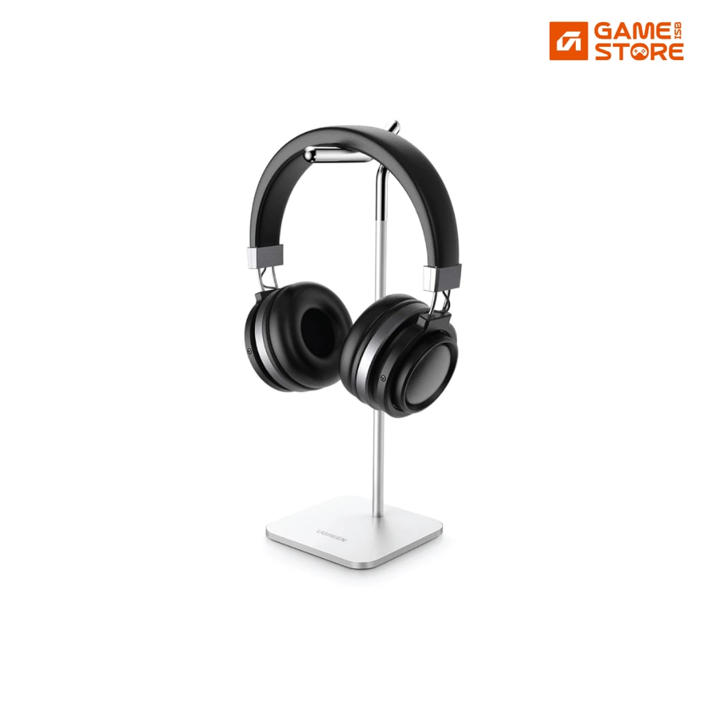 UGREEN aluminum headphone stand holder in silver holding a gaming headset on a desk