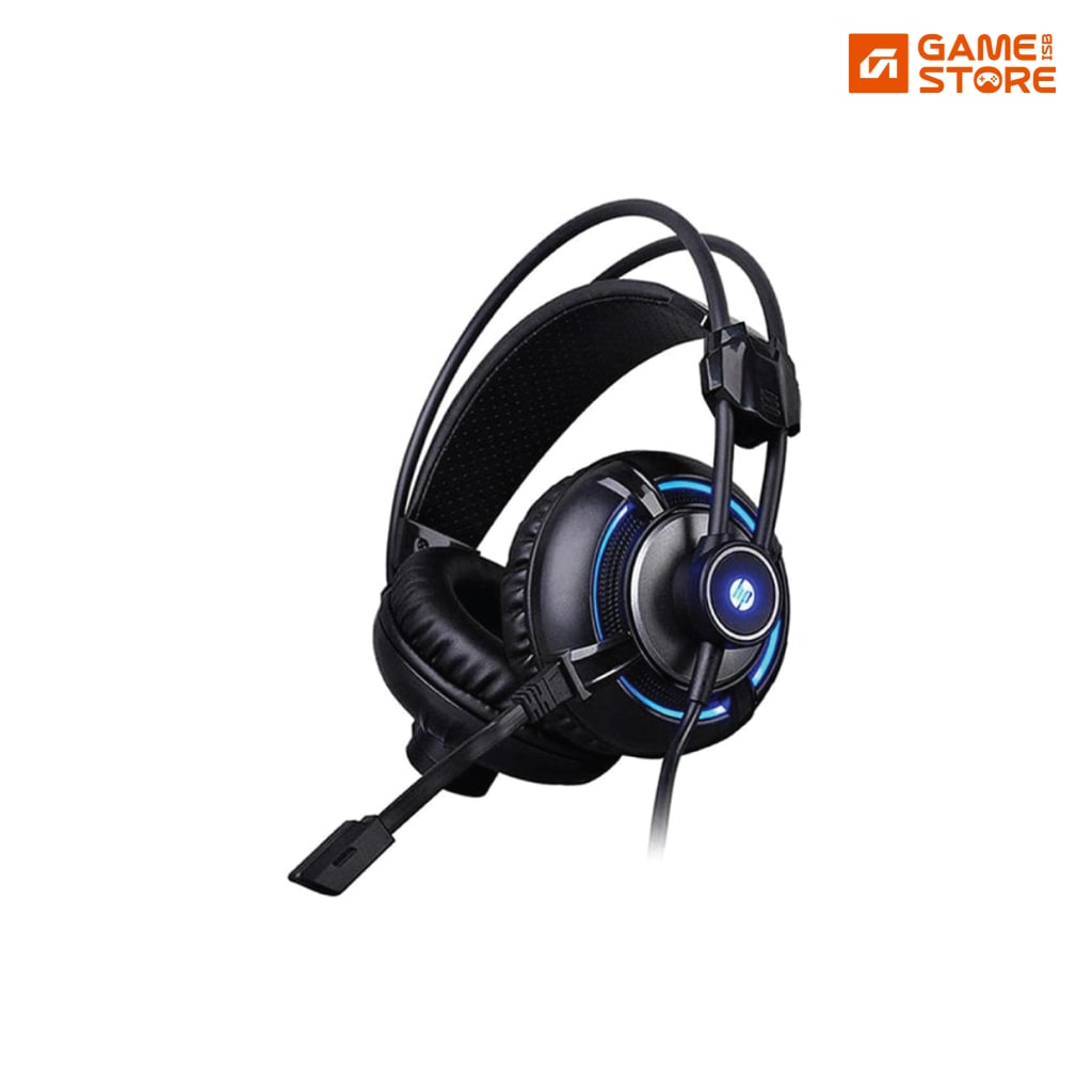 HP H300 wired gaming headset with blue LED lighting and boom microphone