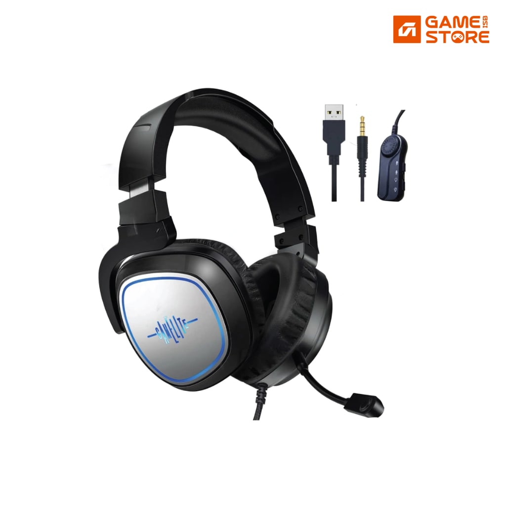 GAMELITE G1P black gaming headset with blue RGB lighting and removable microphone