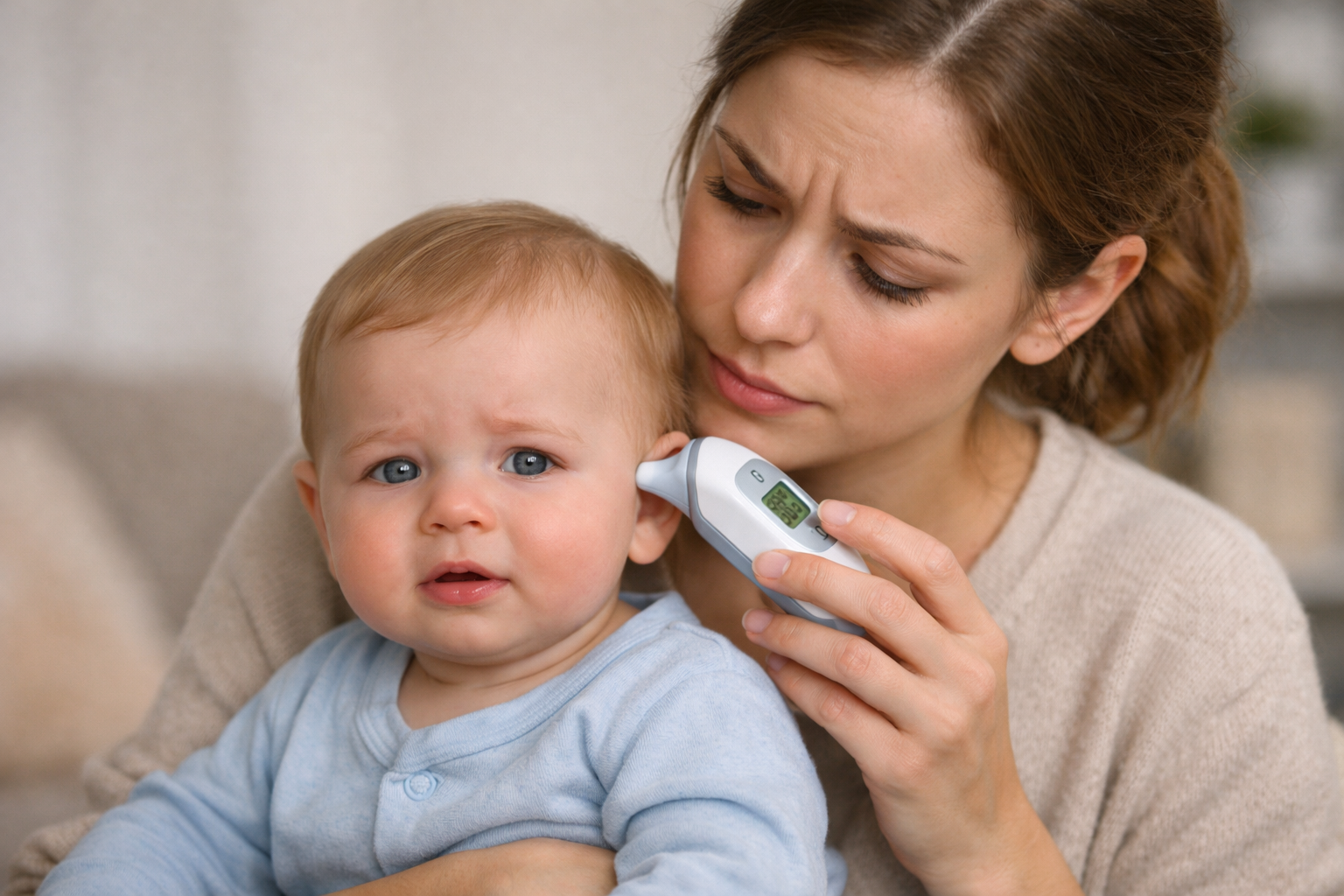 Madre tomando la temperatura a su bebé con termómetro digital de oído
