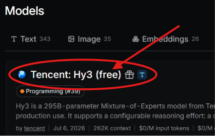 OpenRouter model listing showing tencent/hy3:free with Programming category tag
