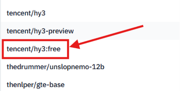 Hermes platform showing tencent/hy3:free in available models list