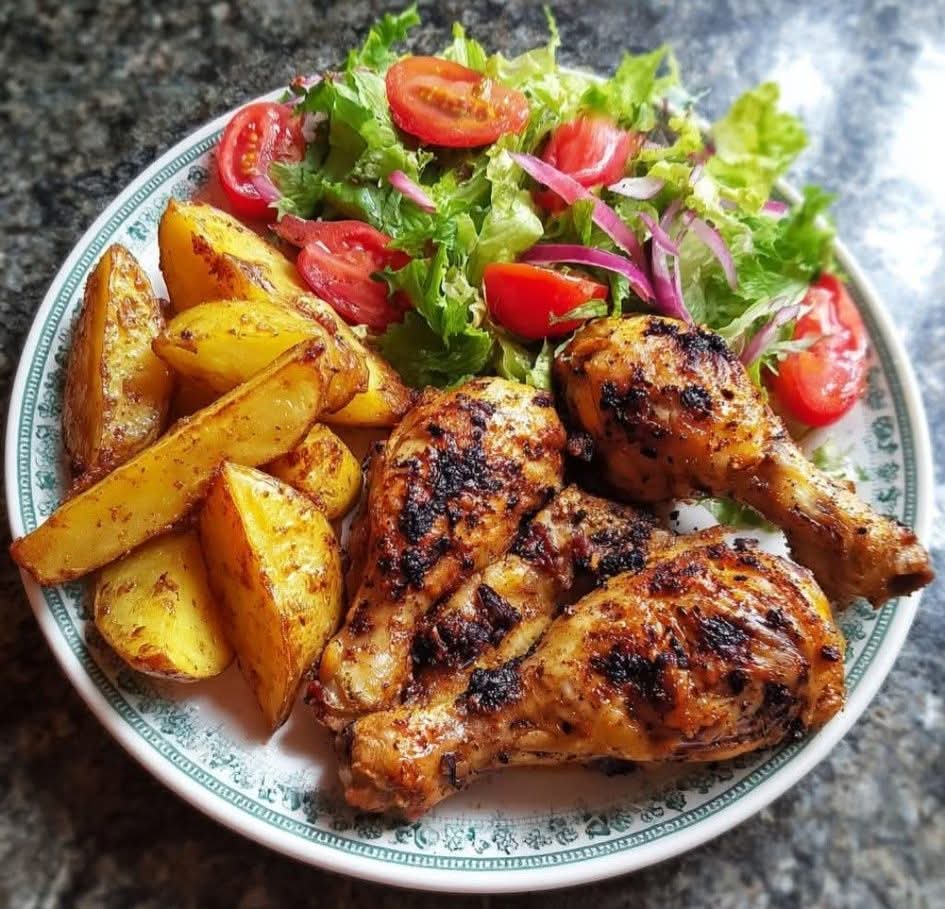  Chicken drumsticks,salad, and chips or saute