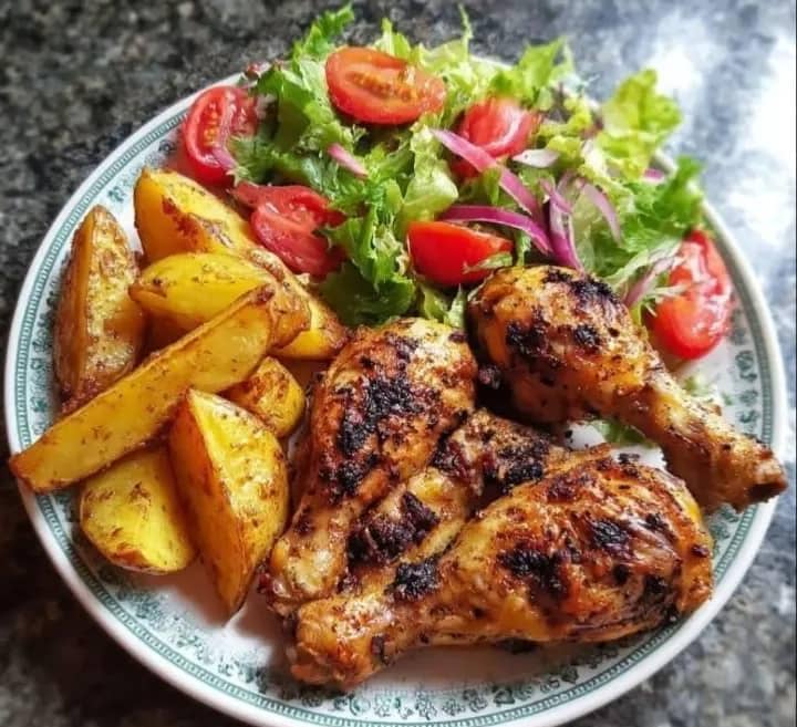 Chicken drumsticks,salad, and chips or saute