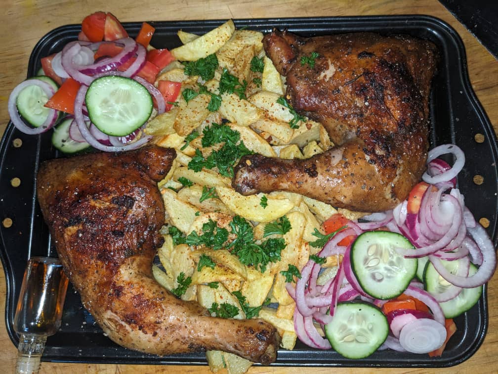 Chicken drumsticks,salad, and chips or saute
